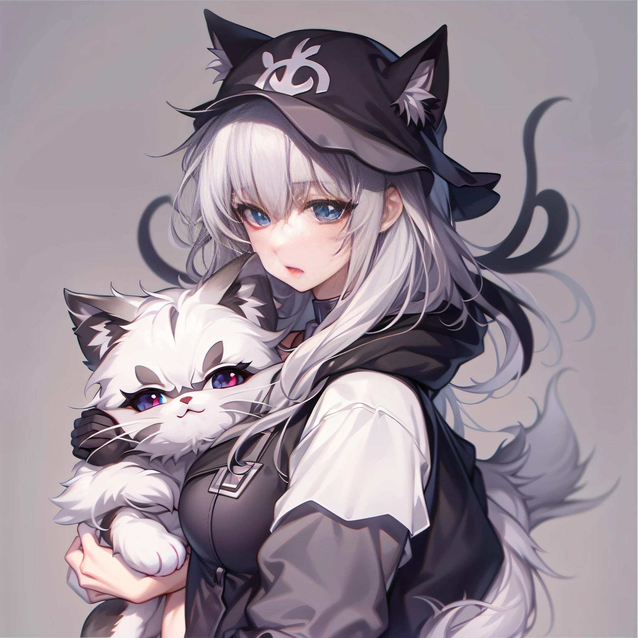 Anime girl wearing black cat ears hat，She holds the cat in her arms, anime big breast，White Catwoman, Cute white anime Catwoman, beautiful anime catgirl, anime girl with cat ears, anime cat, Very beautiful anime cat girl, Cat woman, very beautiful cute catgirl, Cat girl, Attractive cat girl, Holo is a wolf girl, (Anime girl), in an anime style