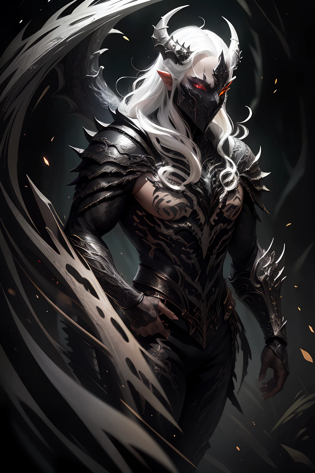 a white-haired character with black mask, muscular, black skin, dragon tattoo from neck to arm, tall, wide pants, purple clothes, demon trident with black flames, and red horn --auto --s2