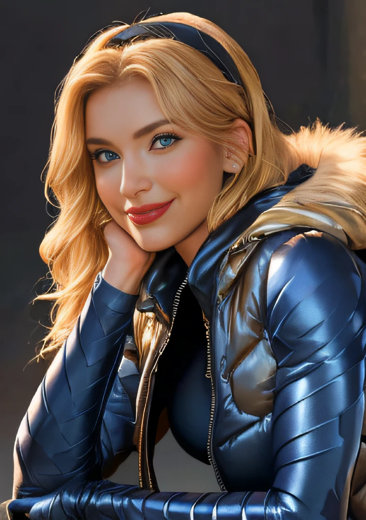 sapphire, gem, blush, blushing, pov, sitting, smile, looking at viewer,  lux, luxanna crownguard, league of legends, cowboy shot, looking at viewer, 1girl, solo, blonde hair, blue eyes, blue pants, ((((blue bodysuit, tight bodysuit, impossible shiny bodysuit)))), brown hairband, hairband, long hair, long sleeves, silk, smile, radiant eyes, sexy pose, cute,, (silk silver puffer coat, fur hood), open coat, large breasts, blonde hair, (insanely detailed, beautiful detailed face, masterpiece,beautiful detailed face eyes, best quality)