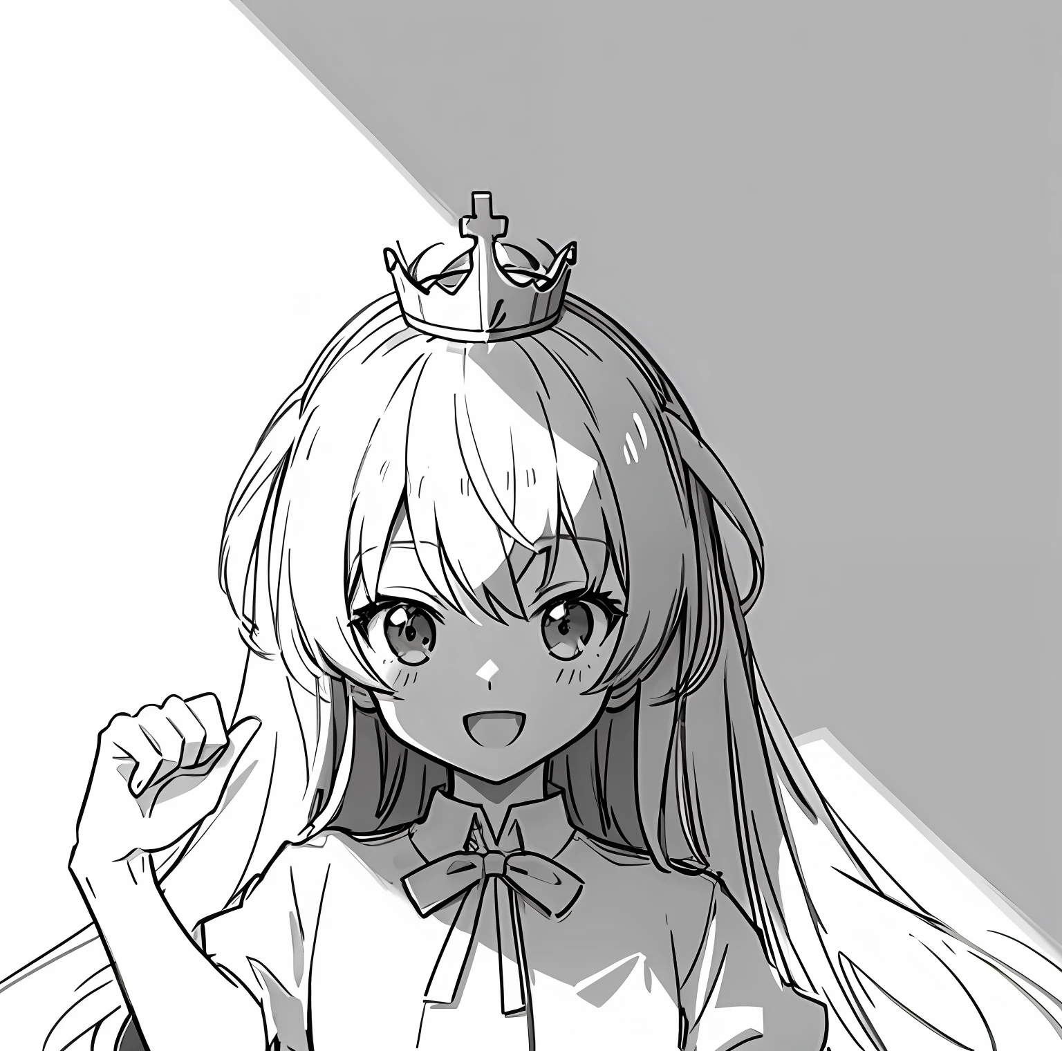 Draw a long-haired woman holding a crown in a clean anime silhouette, flat anime style shading, Line sketch!!, with index finger, anime pose, a variety of poses, Line sketch, anime shading), Simple lines of art, pudica pose gesture, anime sketch, Pose(Arms up + cheerfulness), ;Open mouth, anime shading