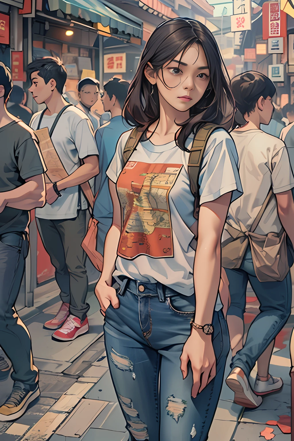 A young woman named Yang Feiyue standing on a busy street, Contemporary Rough T-Shirt and Jeans、Map at hand, Surrounded by stalls, With a hint of disappointment and confusion on her face,  ,In the style of the star art group Xing, 32K, Best Quality, masutepiece, Super Detail, high details