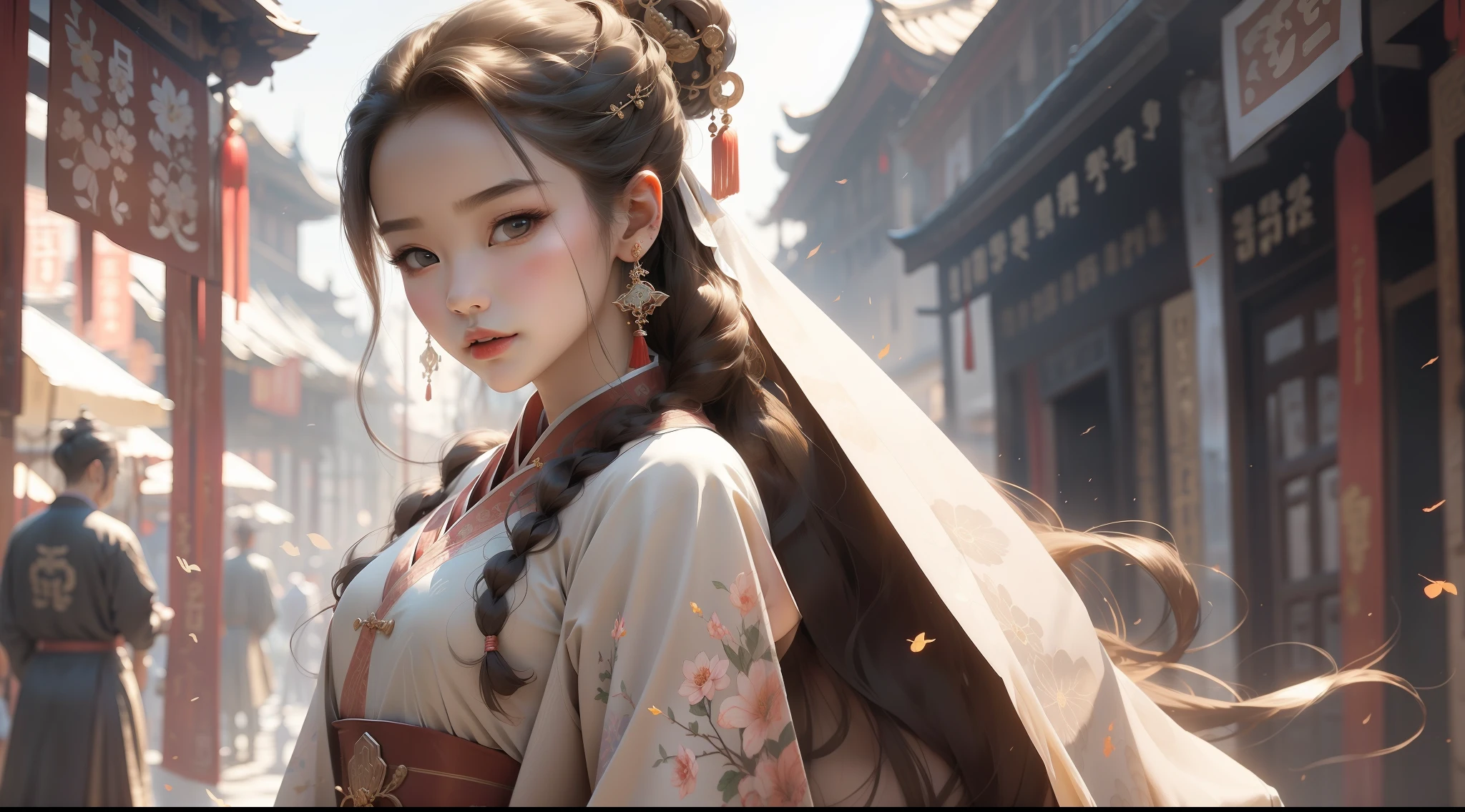 Elegant girl, Antique dressed, Ancient Chinese clothing, Silk is light, Frost Nova earrings, Hairpins and hair accessories embellishments, Fresh colors, Decisive composition, Leave it blank, Masterpiece level super detailed, Epic 8K quality, Normal body shape, Walk gracefully in the ancient town, Put your hands in front of you, Look up at a 45-degree angle。