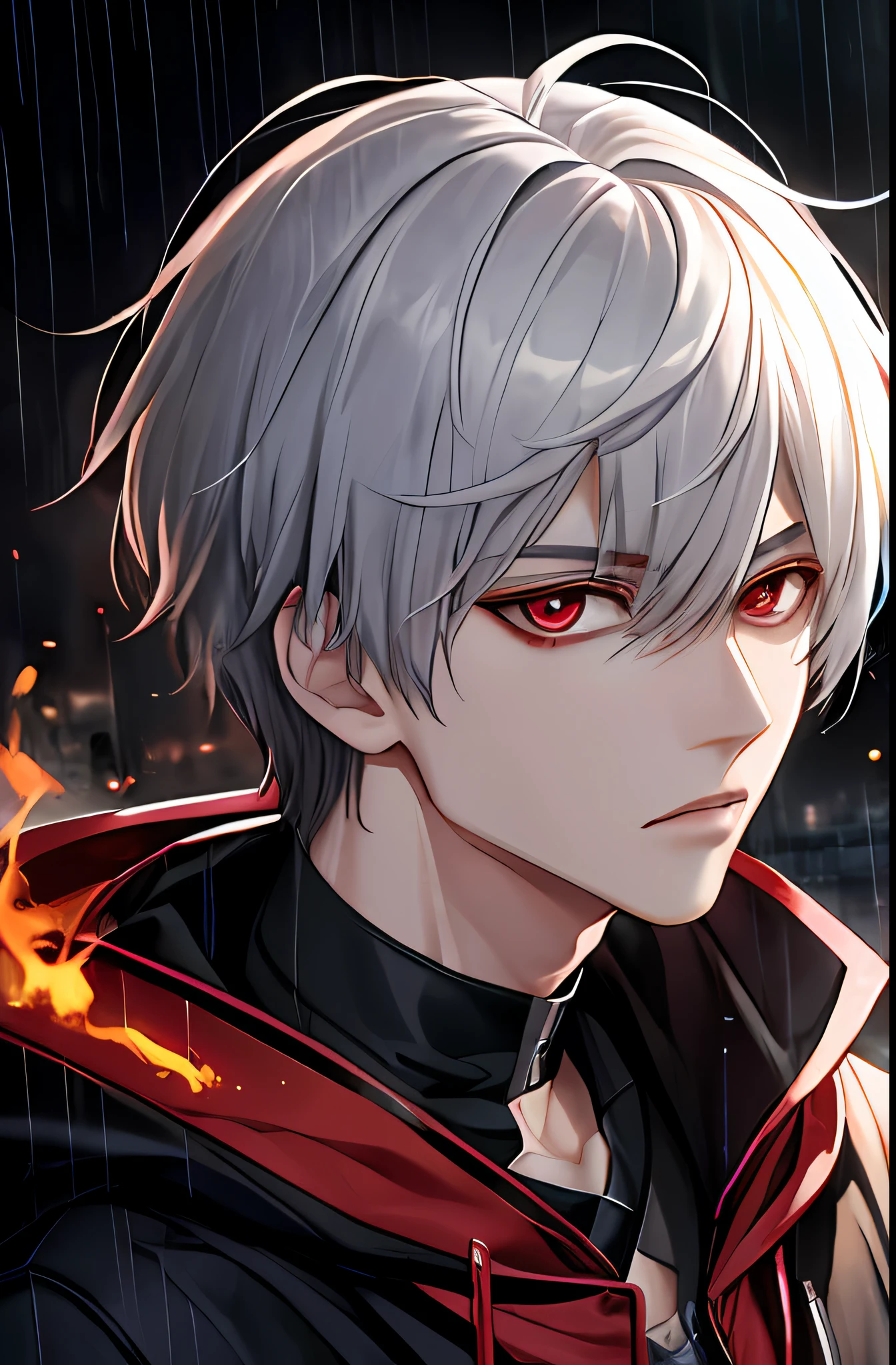 kk, best quality, more details, mastery, 1boy, kaneki ken, portrait, male focus, red eyes, solo, bangs, looking at viewer, hood, short hair, rain, tokyo tokyo \(city\), hijabi sluty,Nail polishing,whaite hair,Luxury,8k,the detail,Ray traching,depth of fields,电影灯光,