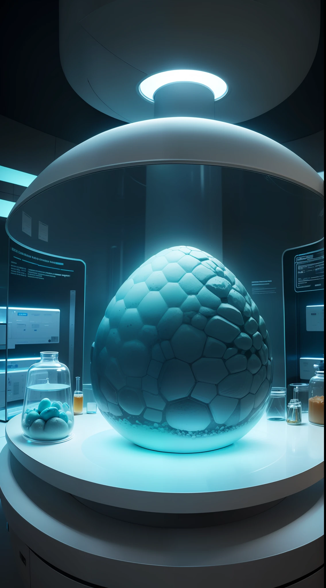 There are a lot of dinosaur eggs in the laboratory display case, Dinosaur egg close-up,incubator medpods, futuristic cloning facility, Keep warm compartments, futuristic chemistry lab, futuristic laboratory, Futuristic production facility, futuristic scientific laboratory, stood inside a futuristic lab, In research institutions, showcases full of embryos, Bright tones,Line of sight height