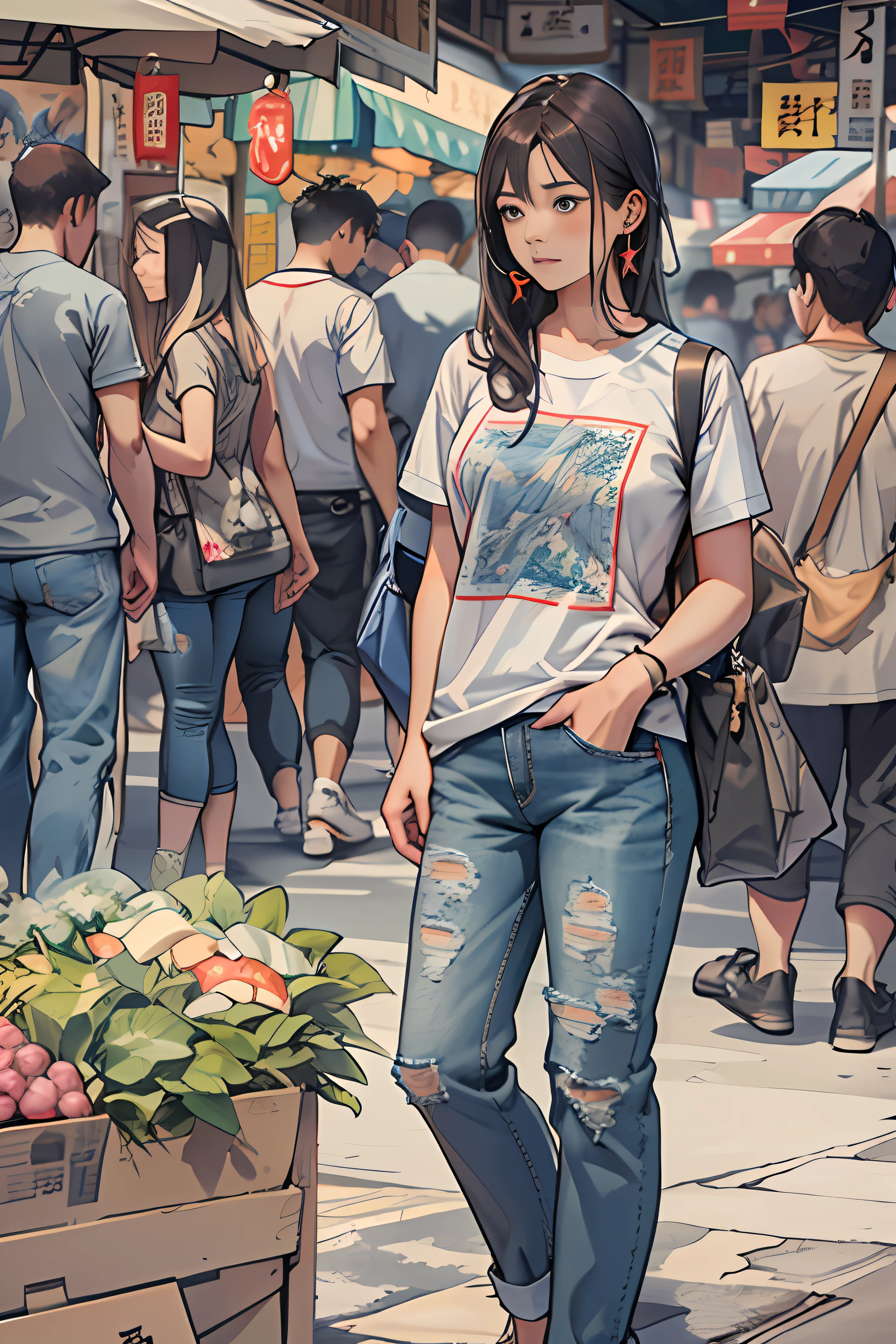 A young woman named Yang Feiyue standing on a busy street, Contemporary Rough T-Shirt and Jeans、Map at hand, Surrounded by stalls, With a hint of disappointment and confusion on her face,  ,In the style of the star art group Xing, 32K, Best Quality, masutepiece, Super Detail, high details