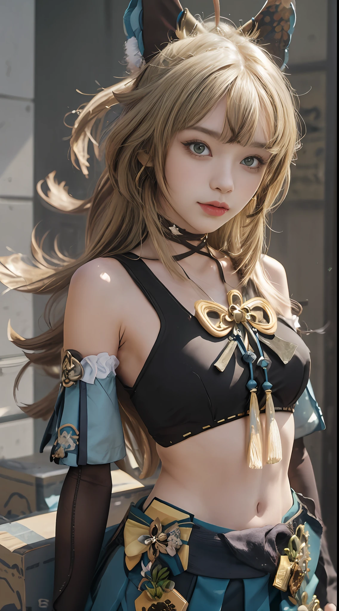 Masterpiece, best quality, real lighting, super high resolution, (realism, photo realism: 1.48), 1 girl, beautiful, blonde ,solo, ahoge, hair accessory, bare shoulders, crop top, navel, split sleeves, elbow gloves, gloves, tail, and skirt, nya