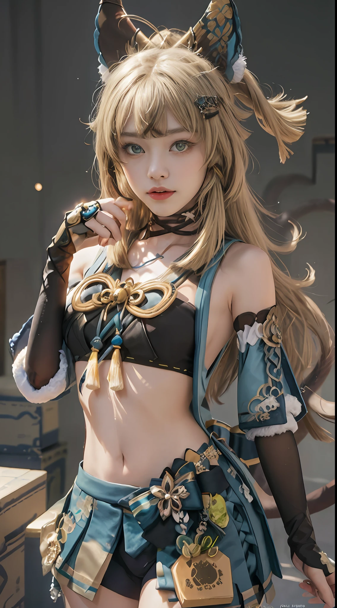 Masterpiece, best quality, real lighting, super high resolution, (realism, photo realism: 1.48), 1 girl, beautiful, blonde ,solo, ahoge, hair accessory, bare shoulders, crop top, navel, split sleeves, elbow gloves, gloves, tail, and skirt, nya