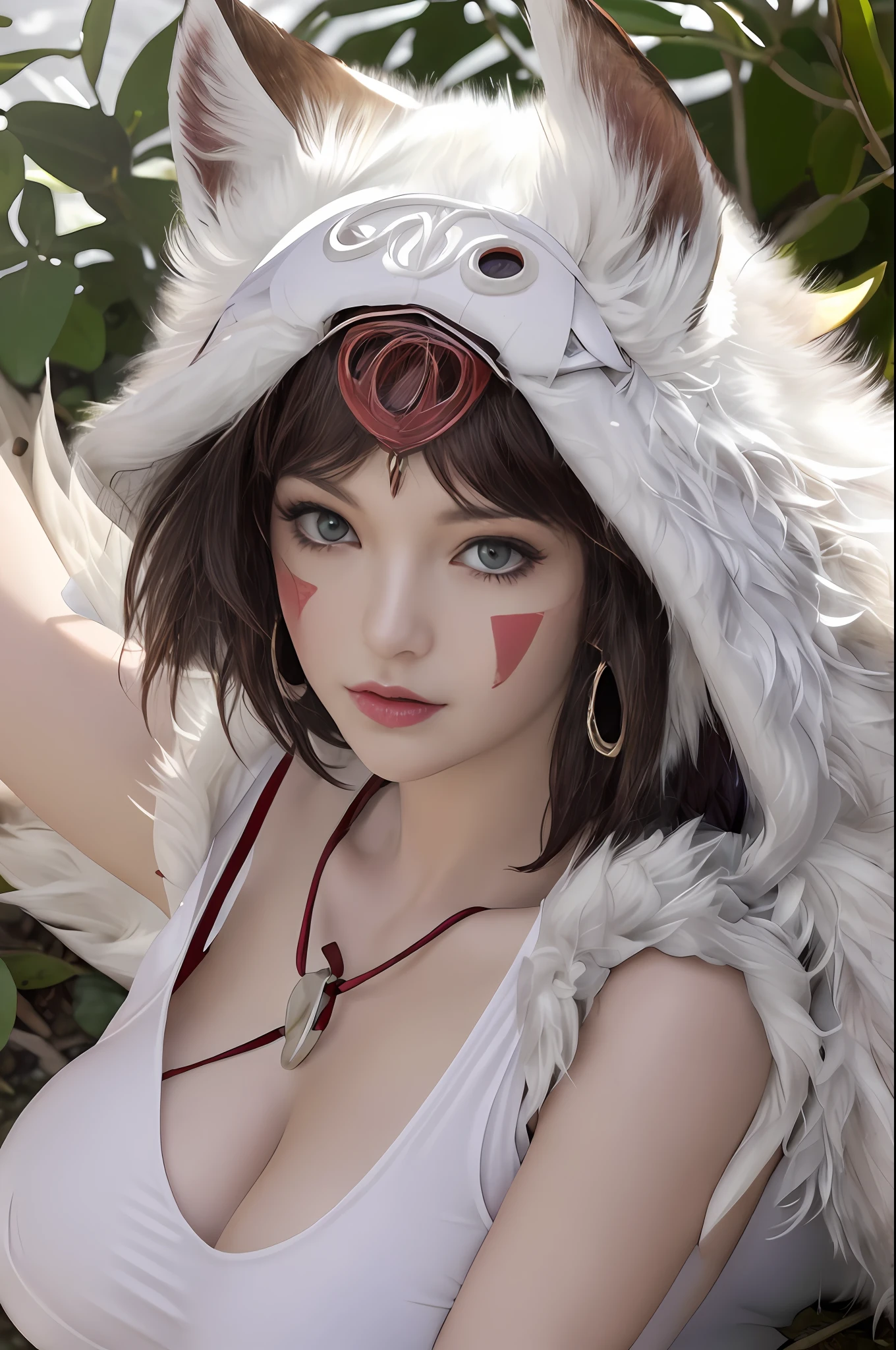 (SFW),(realism, ultrarealism,masterpiece, best quality, smalldetailed), 1girl, wild girl, glamour close-up shot (from above) of beautiful (princess mononoke) lying (next to a wolf), (hugging a white fluffy wolf), surrounded by leaves, fluffy, pixie cut, extremely short hair,( busty, erect boobs), curvy, serious, details, (realistic, photography), blurry background, softfocus, face focus, dramatic light, atmosphere shoot, detailed beautiful face, detailed pupils, detailed iris of eyes, detailed plump lips, sharp focus, (pupils accent), cute face, closeup portrait, bestseller, glare and reflections in the pupils,
