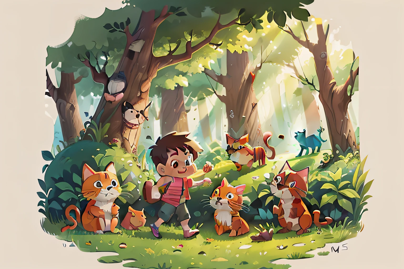 Cartoon illustration of kid in woods with cat and other animals, colorful kids book illustration