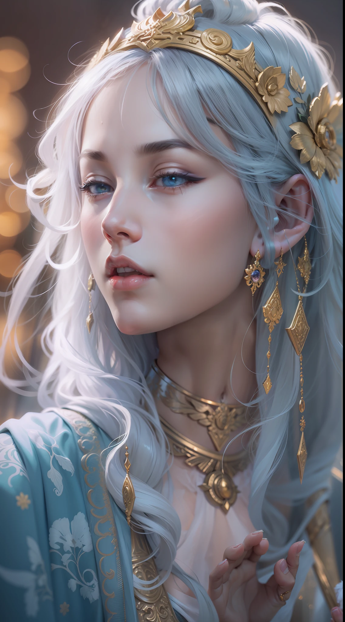 tmasterpiece，hyper HD，8K，White skin of the，Super long white hair，20yr old，1girll，slim toned body，Vest line，long hair flowing，paleskin，Glowing skin，Surrounded by lights，Exquisite jewelry，Delicate bracelet，Delicate hair accessories，Does not expose the chest，Wear a robe that does not show your chest，Professional classical dance moves，upperbody closeup，Detailed face，People float in the air，The feeling of being high，The hands are surrounded by a blue-violet aperture，Fairy air fluttering，Holding various magic weapons in his hands，Gorgeous silk，Flowing tulle，Golden Buddha statue Falun background and dazzling background，Buddha statue background，The golden Falun is behind the numbers，Best light，cinematic filter，Digital illustration art，Superb art painting，