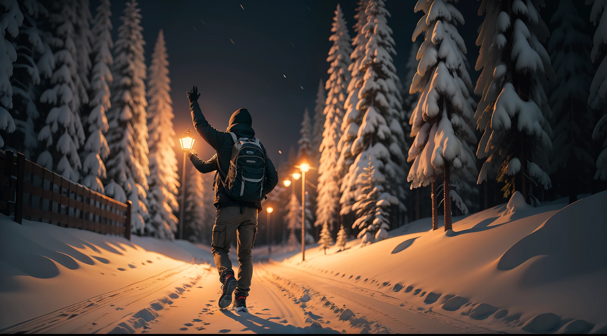 Outdoor adventure alone at night with a backpack,Hold the lighting with your hands up,Walking in the snow