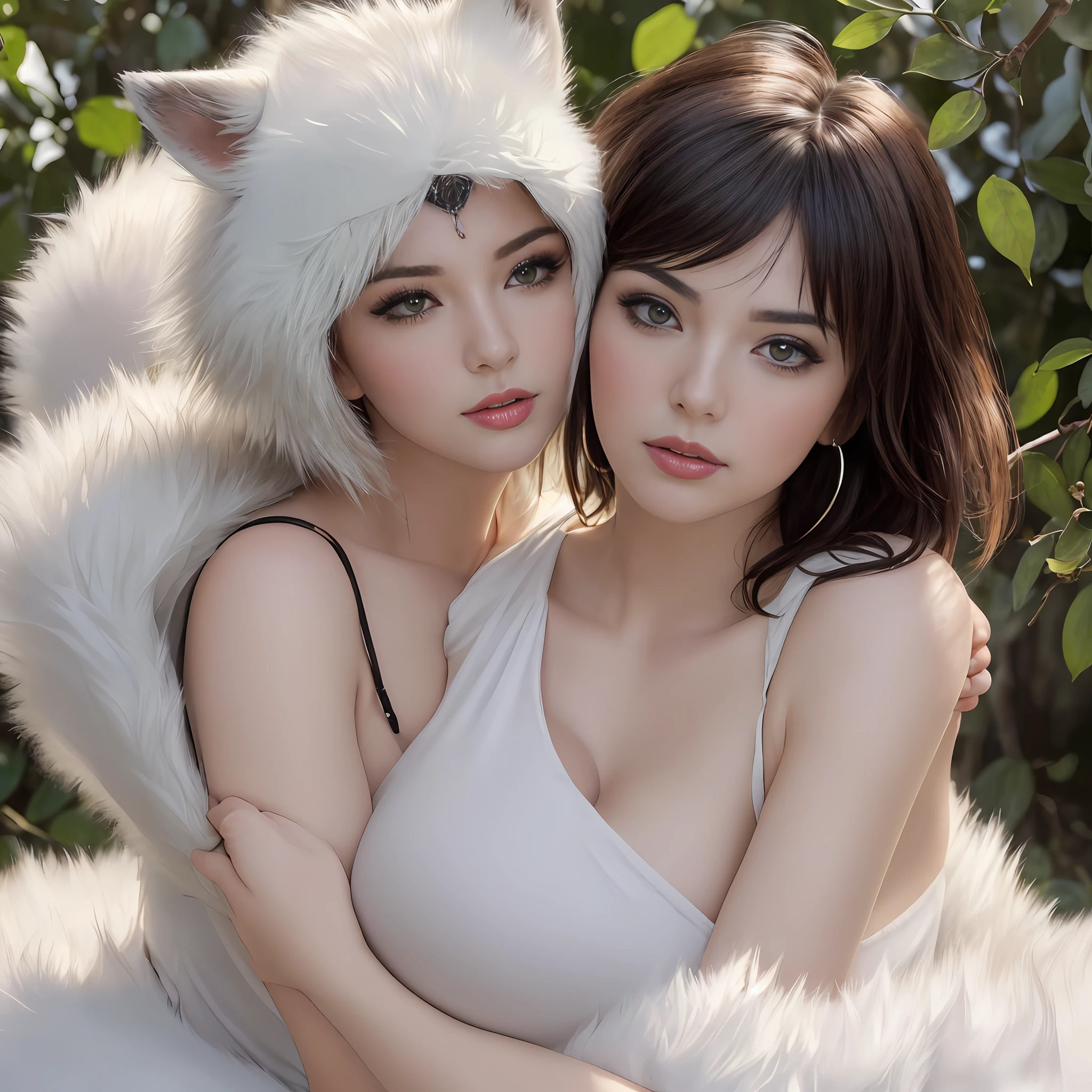 (SFW),(realism, ultrarealism,masterpiece, best quality, smalldetailed:1.4), 1 russian girl, mature, solo, glamour close-up shot from above of beautiful (princessmononoke) lying (next to a wolf), (hugging a white fluffy wolf), surrounded by leaves, fluffy, pixie cut, extremely short hair,( busty, erect boobs), curvy, serious, details, (realistic, photography), blurry background, softfocus, face focus, dramatic light, atmosphere shoot, cynematic, detailed face, detailed pupils, detailed iris of eyes, detailed plump lips, sharp focus, (pupils accent), cute face, closeup portrait, bestseller, glare and reflections in the pupils,