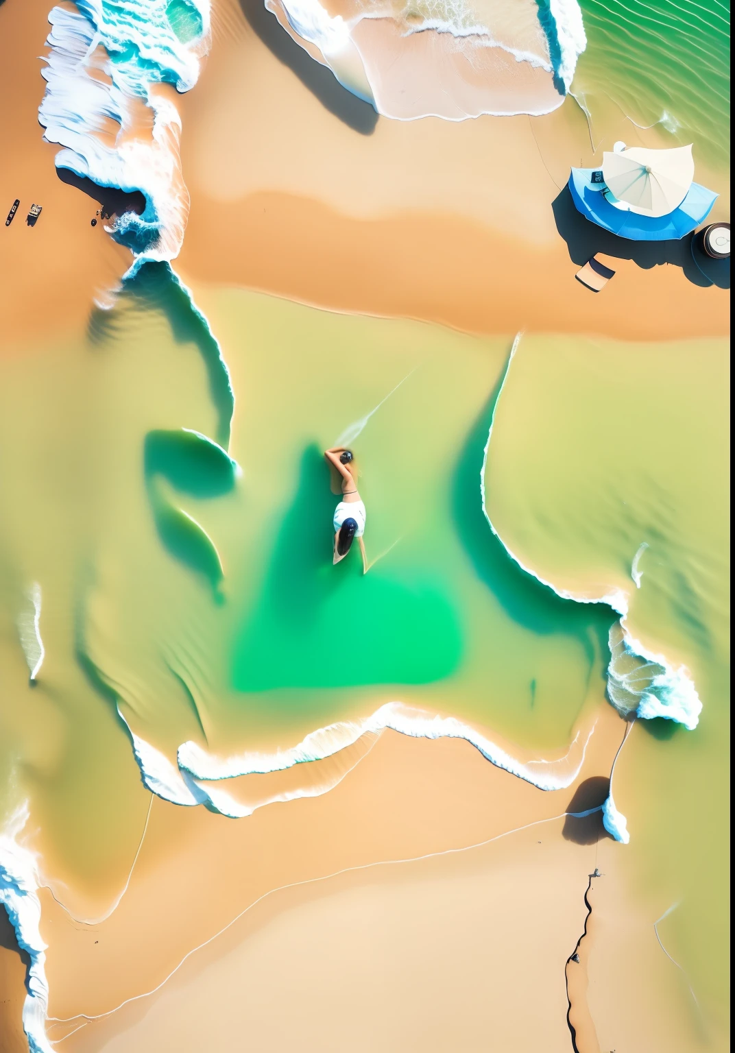 aerial view of a woman laying on a beach in the water, laying on a beach, drone photography, laying on beach, shot from a drone, drone footage, laying on sand, 4k drone photography, drone photograpghy, is relaxing on a beach, shot from drone, it's is relaxing on a beach, shot from above, floating on the ocean