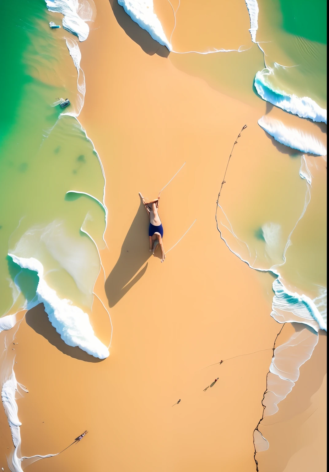 aerial view of a woman laying on a beach in the water, laying on a beach, drone photography, laying on beach, shot from a drone, drone footage, laying on sand, 4k drone photography, drone photograpghy, is relaxing on a beach, shot from drone, it's is relaxing on a beach, shot from above, floating on the ocean