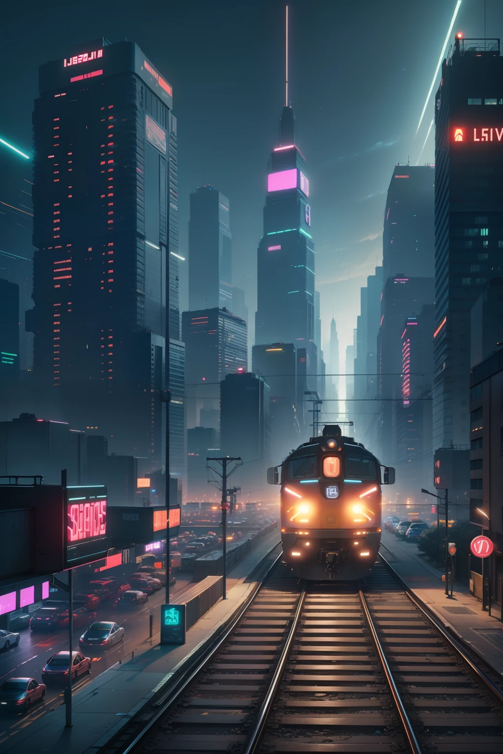 a city with a lot of tall buildings and neon lights at night time, with a train passing by, beeple, cyberpunk city, cyberpunk art, retrofuturism