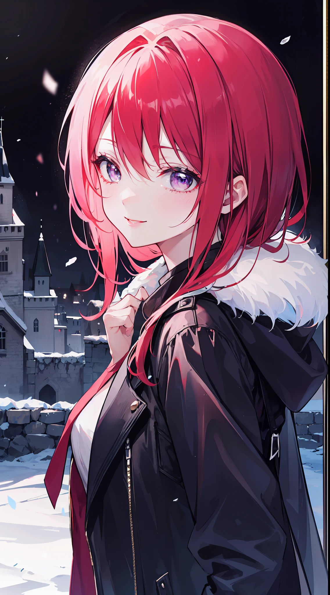 "4k ruin castle, dark atmosphere, there's a girl, with vibrant red hair, glow purple eyes, wears black snow coat and she smiling warmly."