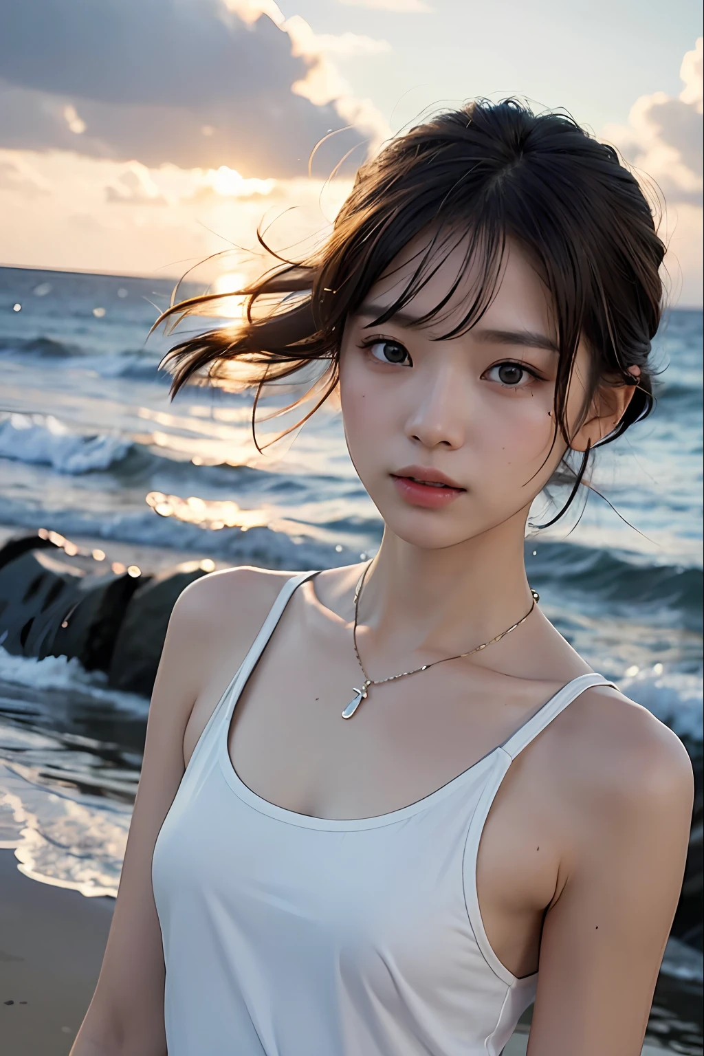 hightquality、masterpiece、超A high resolution、Asian beauty face、Beautiful adult woman、a closeup、Thin makeup、ssmile、Light brown short-cut hair、Small necklace、White sleeveless shirt、Heavy rain and strong winds、Rough seas、stormy、bao phan、Rough seas、Waves are high、Dark sunshine、No sunlight、dark sky、black clouds、