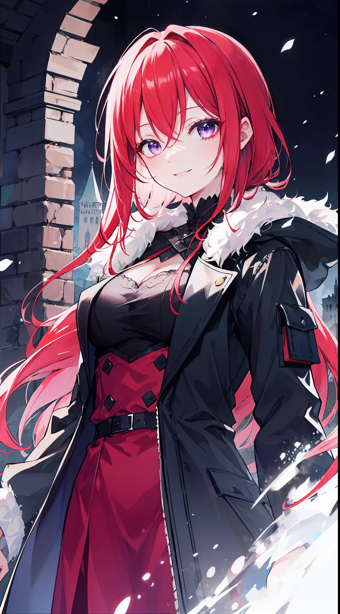 "4k ruin castle, dark atmosphere, there's a girl, with vibrant red hair, glow purple eyes, wears black snow coat and she smiling warmly."