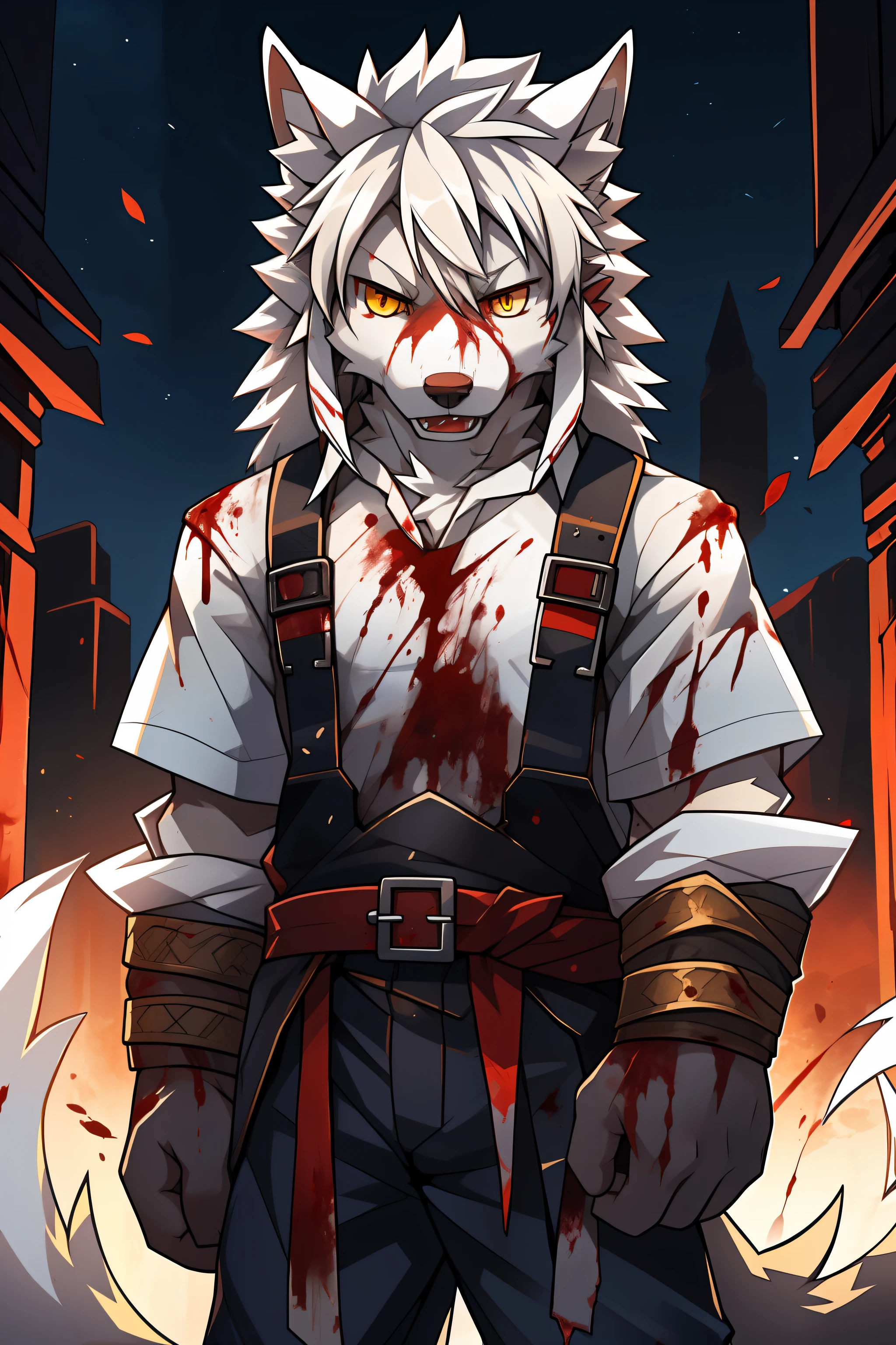 terroral，blood vess，blood on body，The corners of his mouth were stained with blood，solo person，White body，White ears，White hair，Overall white，Orange-yellow eyes，Wolf tail，Wolf orcs，Young，Wear a short-sleeved shirt，Ultra-clear screen，Soft lines