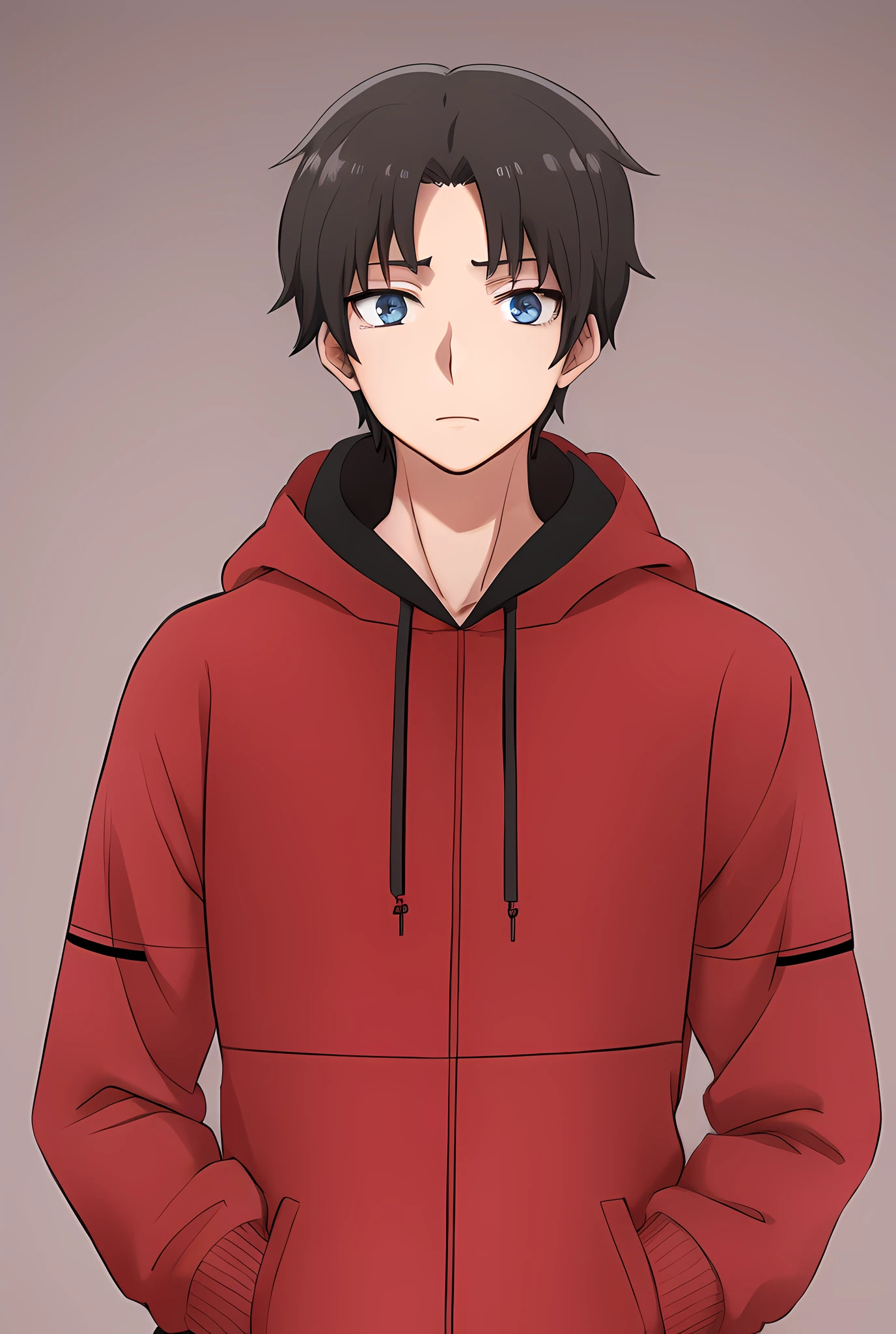 Anime boy in red jacket with blue eyes and black hair, Tall anime guy with blue eyes, Young anime man, Anime handsome, as an anime character, Men's Anime Style, in anime style, Manga style by Kentaro Miura, anime style character, Kentaro Miura's manga art style, anime moe artstyle, in a scarlet hoodie, Male anime character