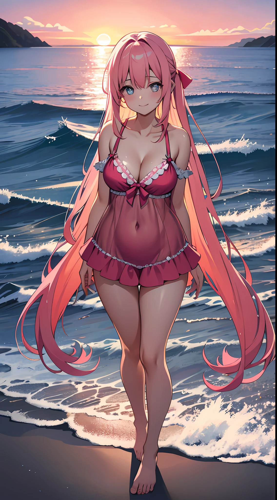 Clear new screen,Plump breasts,Pink girl,Naked,Pink lace lingerie,thin shoulder strap,Bow embellishment,Tulle texture,Full perspective,Twin Peaks stand tall,Deep cleavage,Beach view,Sunset,Enthusiastic rendering,legs standing together,Moisturizes skin,Delicate and warm,Sweet smile,Medium view of the sea,Gently pat the splash,Sunset reflection,sideways standing,Put your hands behind you,long hair flowing,Eyes expectant,water wave