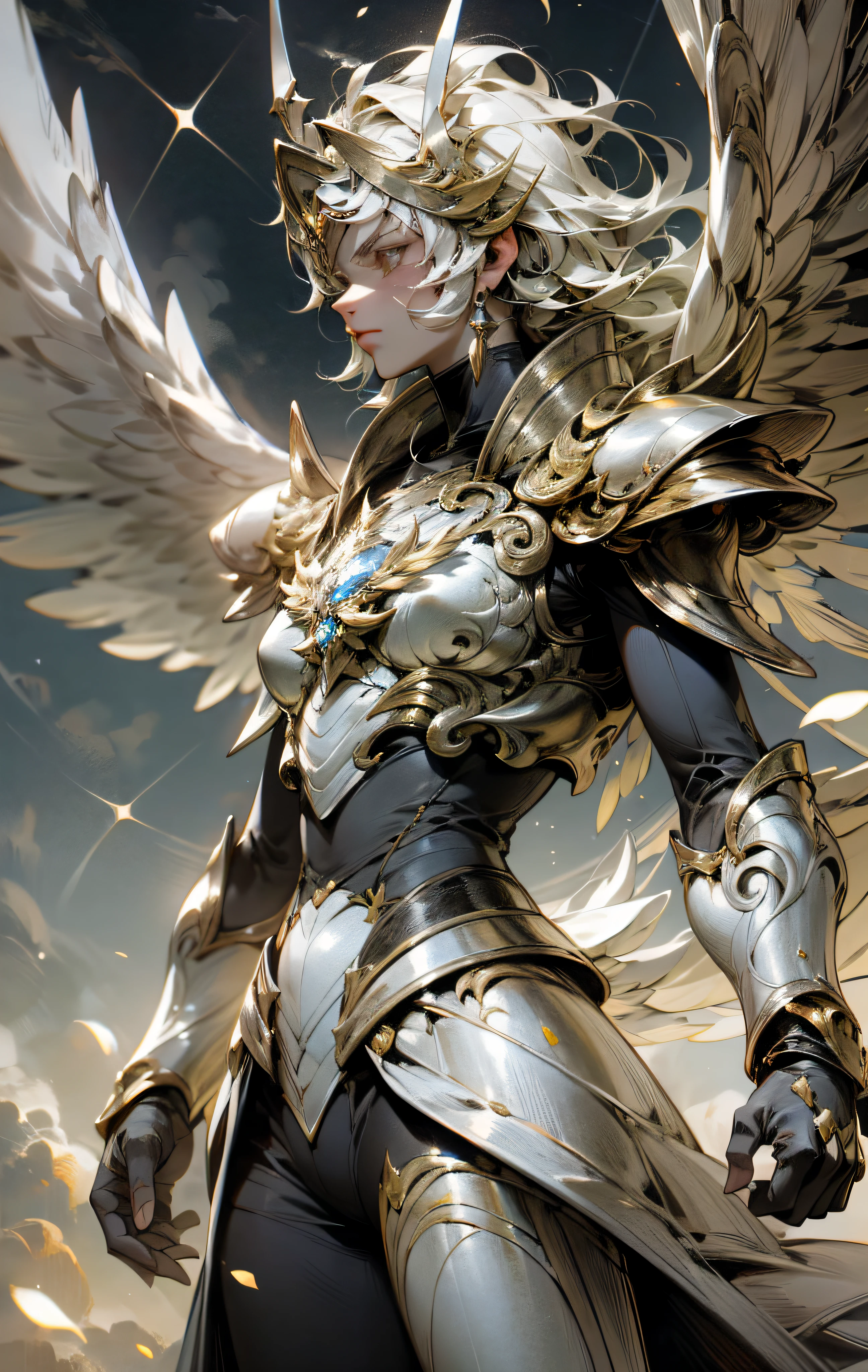 Skysky，​​clouds，No_Humanity，with light glowing，Silvertone，Brightly colored，Silver Saint Seiya，Realistis，8K，Wings