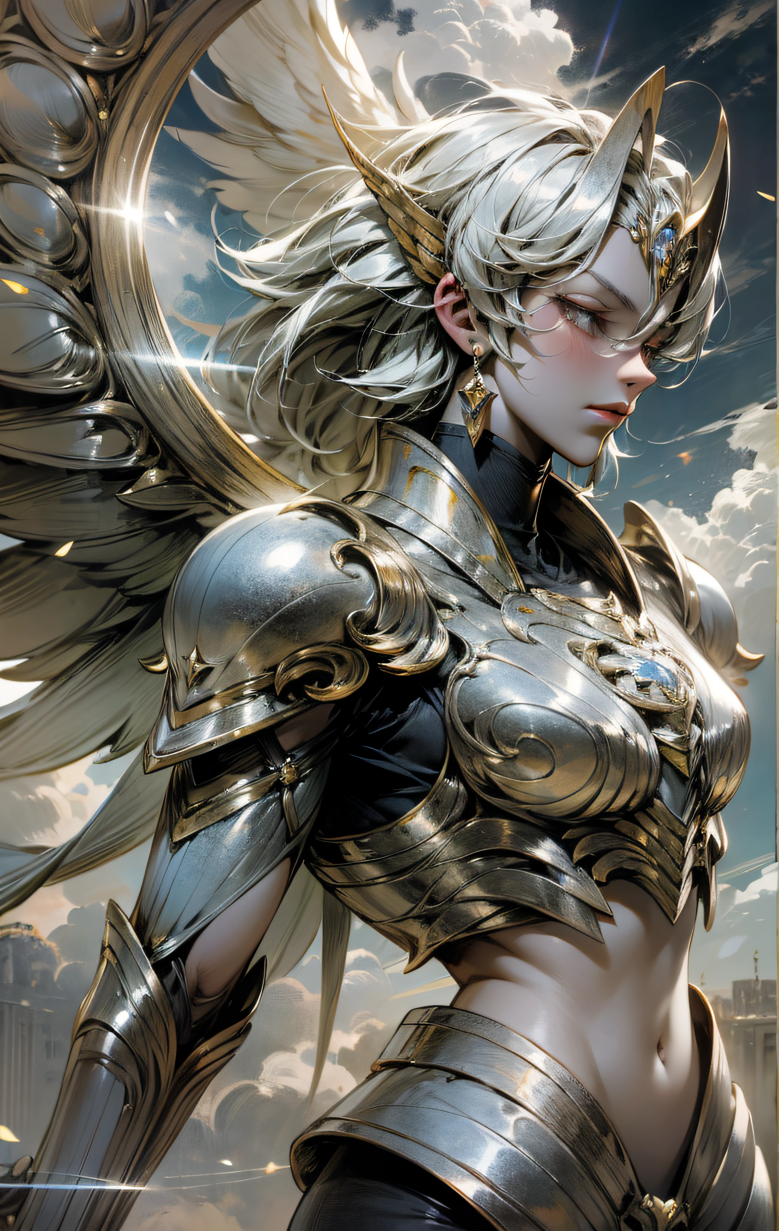 Skysky,clouds,No_Humanity,with light glowing,Silvertone,Brightly colored,Silver Saint Seiya,Realistis,8K,Wings