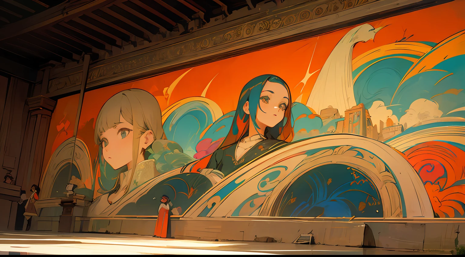 "ancient mural, with intricate details and vibrant colors, depicting a captivating scene from a bygone era."
