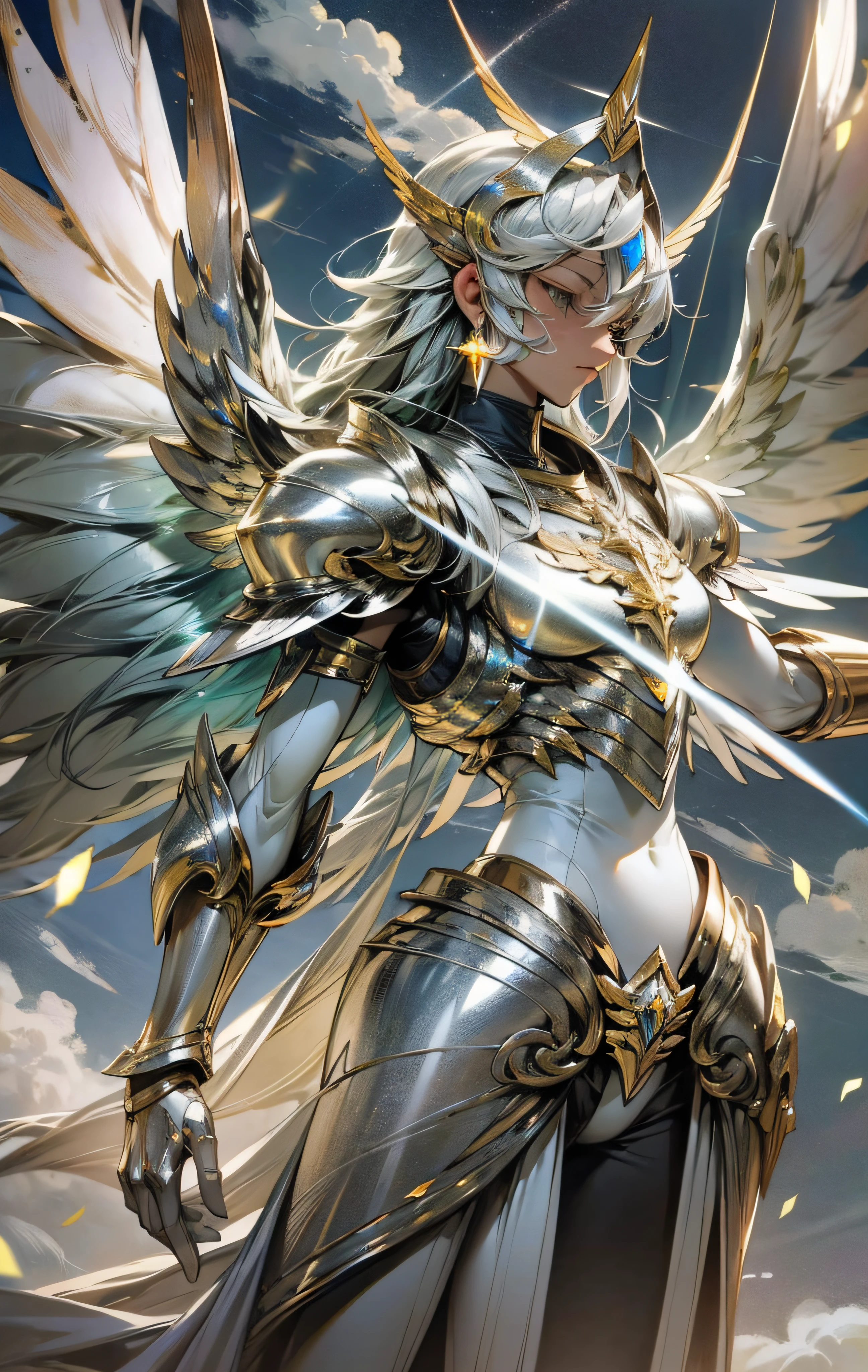 Skysky，​​clouds，No_Humanity，with light glowing，Silvertone，Brightly colored，Silver Saint Seiya，Realistis，8K，Wings