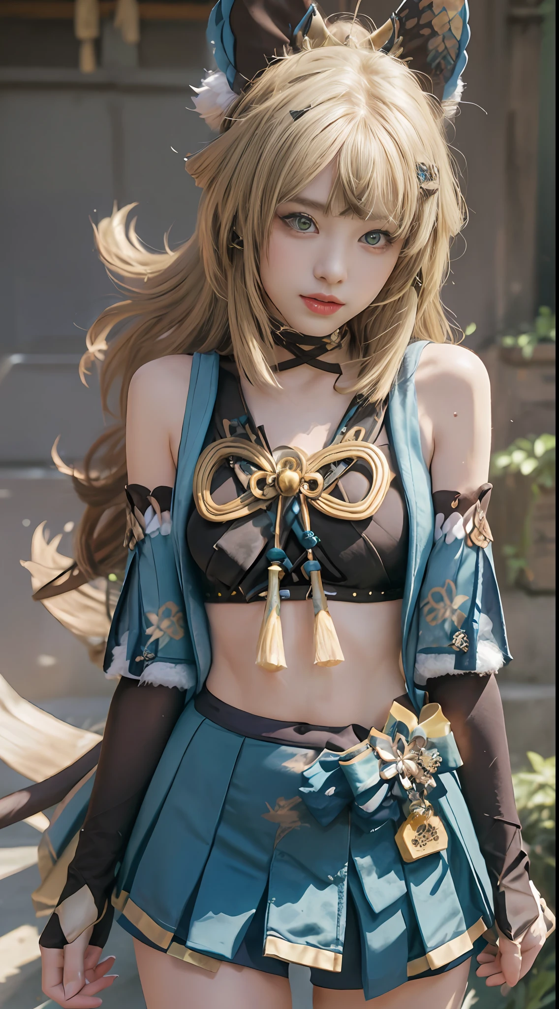 Masterpiece, best quality, real lighting, super high resolution, (realism, photo realism: 1.48), 1 girl, beautiful, blonde ,solo, ahoge, hair accessory, bare shoulders, crop top, navel, split sleeves, elbow gloves, gloves, tail, and skirt, nya