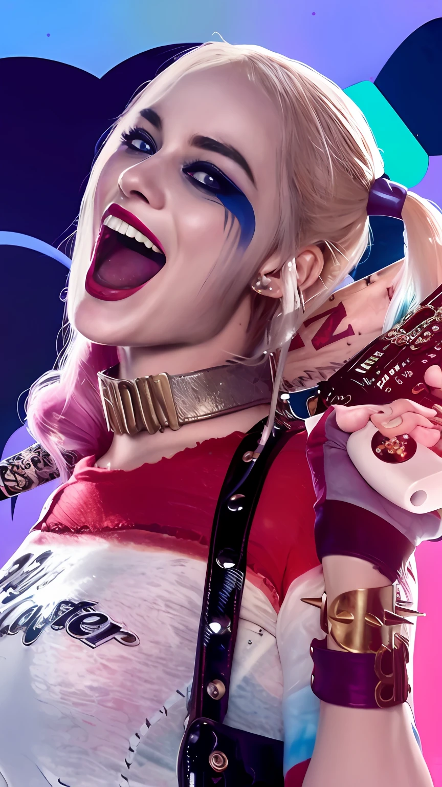 Halle is《Suicide World》Female characters in , Harley Quinn, A still from Harley Quinn's movie, Portrait of Halle Quinn, Elizabeth Olsen as Harley Quinn, Emma Watson as Halle Quinn, Gal Gadot as Harley Quinn, exaggerated perspective,dreamy,exaggerated perspective,contour shadow motherofpearl iridescent,holographic white,realistic,fluid impressions,with a silver body and glitters with lights above,fluid form,rococo pastel,shiny/ glossy,vibrant manga,shiny eyes, tinycore,extreme iridescent reflection,vray,in the style of Otomo Katsuhiro,machine aesthetics,mechanical wearing,fluorescence, transparent neon metal armor which has complex structures, Kazuki Takamatsu Painting style,holographic,pastel color,divine cinematic edge lighting,Natural lightrealistic lighting and shading,super details,8k,best quality, Halle Quinn standing, harley quinn film still, Margot Robbie as Tank Girl