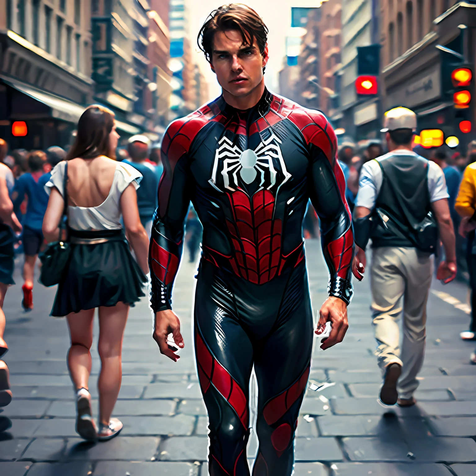 Tom cruise as a spider man , walking in crowd,blur masterpiece, realistic,top quality