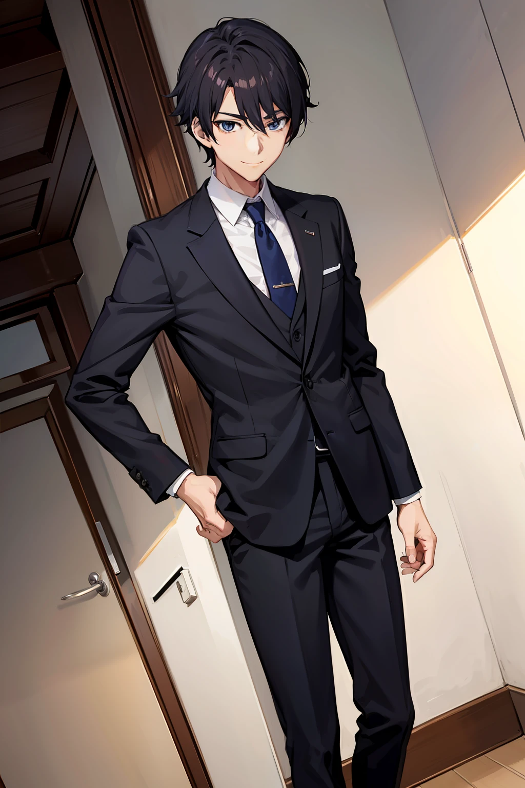Anime boys wearing suits，Handsome trend，exquisitedetails，Dynamic photography，Perspective angle，Gentlemanly demeanor，Smile confidently