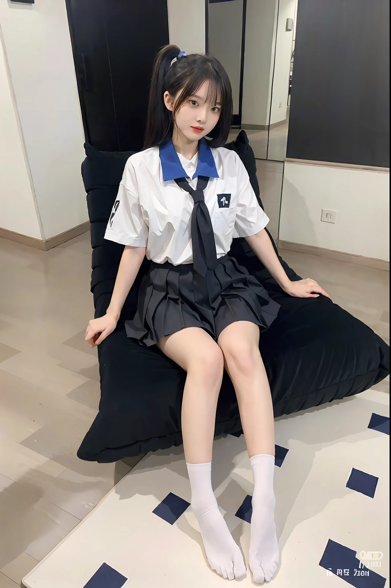 looks into camera,Pupil correction,Best quality at best,tmasterpiece,超高分辨率,(realisticlying:1.4),s girl,Juvenile,Wear socks,High ponytail
