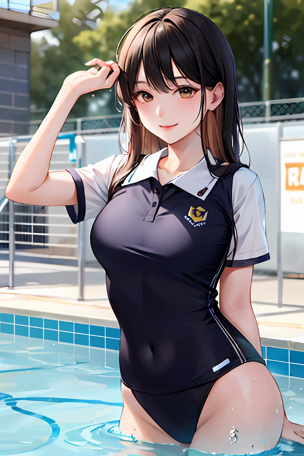 waterpark，swimming uniform，girls，Rides as a backdrop，Real Human，Fingers ruffle your hair，Tian Tian smile