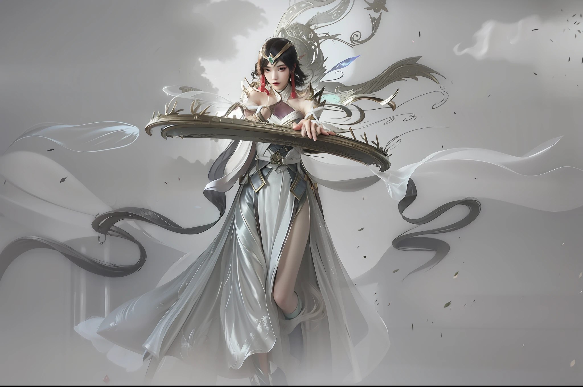 A woman playing the piano, Inspired by the League of Legends Jade Sword Legend skin series，Long hair scattered，Fairy tales' classic clothes，Streamers on clothes