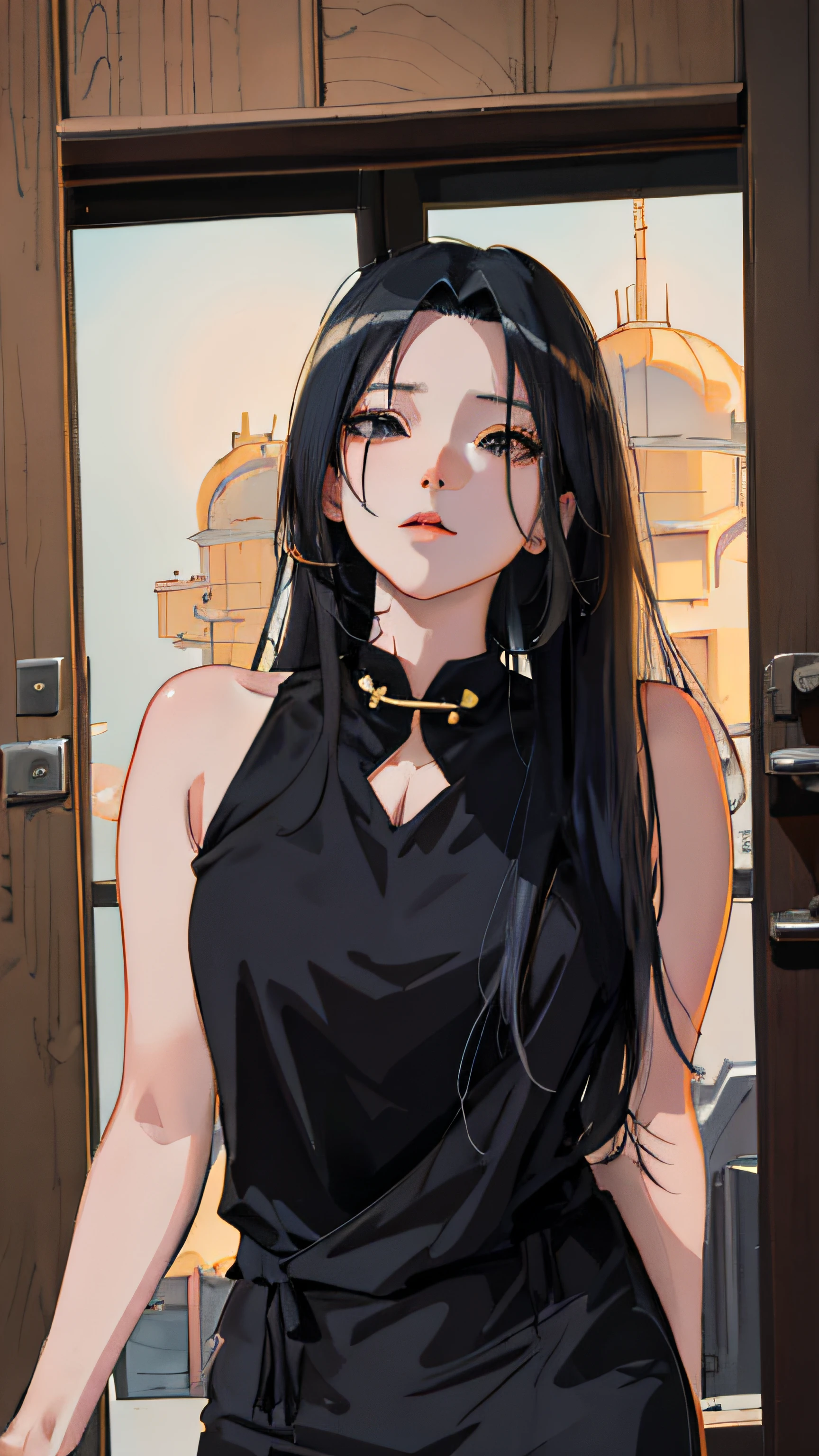 Anime girl with black hair and black cheongsam standing in front of the door, Guviz-style artwork, Digital anime illustration, attractive anime girls, seductive anime girls, realistic anime artstyle, Digital anime art, Anime girl wearing black dress, Anime style. 8K, portrait anime girl, Beautiful anime girl, style of anime4 K, a beautiful anime portrait,Realistic anime 3 D style, Anime style. 8K, anime realism style, realistic anime artstyle, Photorealistic anime,style of anime4 K, Guviz-style artwork, Casual pose,((tmasterpiece,best qualtiy)),illustratio,Ultra-detailed 8K,Photorealsitic,Clear focus,A highly detailed,Professional lighting,Colorful detailed,Rainbow color BREAK factory super long shot,with light glowing,Complicated details,Shitu-mecha,1girl stands in front of the audience,Bigchest。