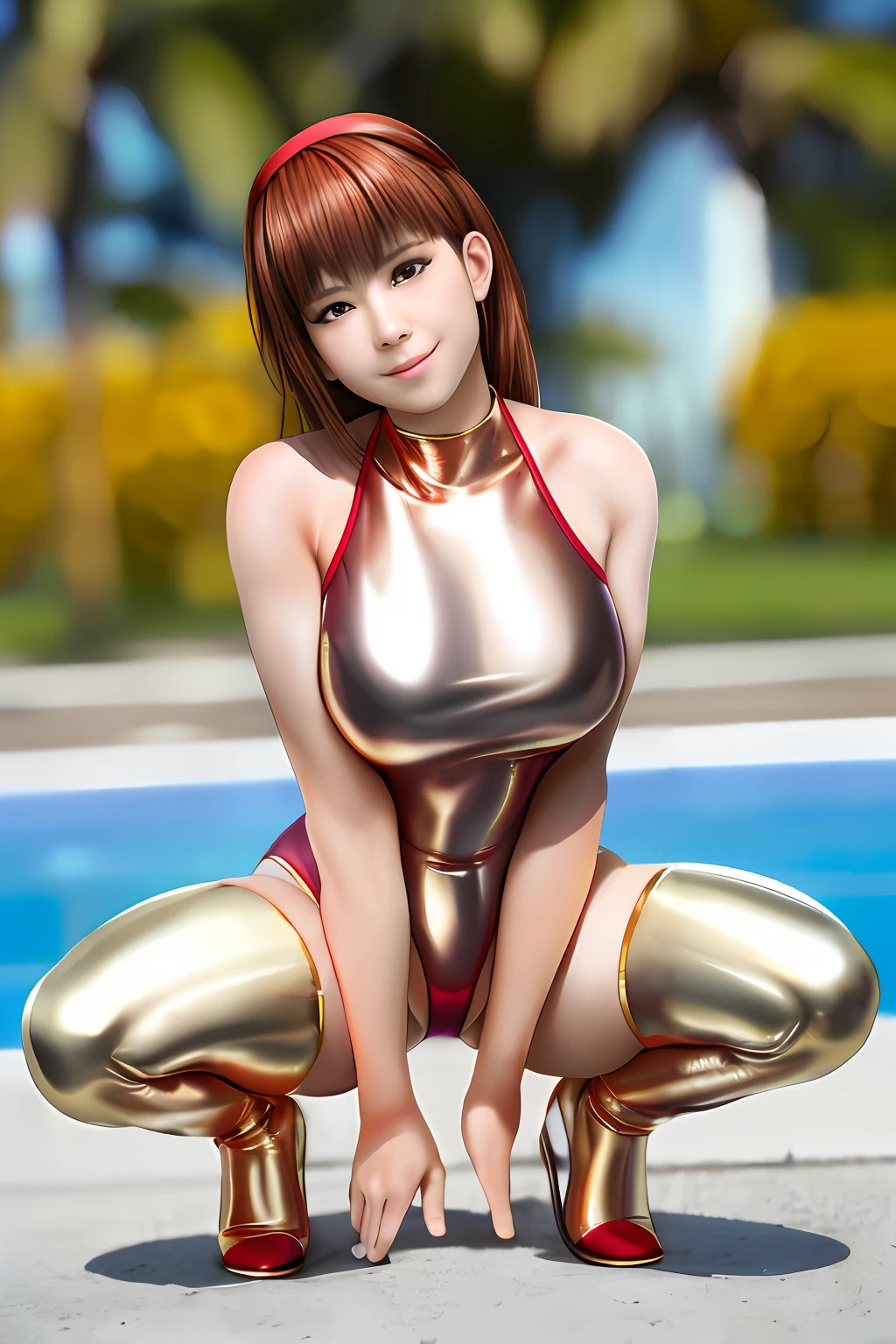 Top image quality、top-quality、8K picture quality、1girll、full body Esbian、hitomi、A smile、embarrassed from、red blush、Beautiful fece、(Red headband:1.2)、(Gold Metallic:1.4)、(Sleeveless)、(High neck competitive swimsuit)、(highleg)、(Crotch penetration)、(pin heels)、Squatting on the ground、(Open your crotch wide from side to side)、Arms behind your head、(Show off your armpits)、gazing at viewer、((Face the viewer))、((Show viewers your crotch)) 、((Frontal shot))、in poolside、profetional lighting、professional photograpy