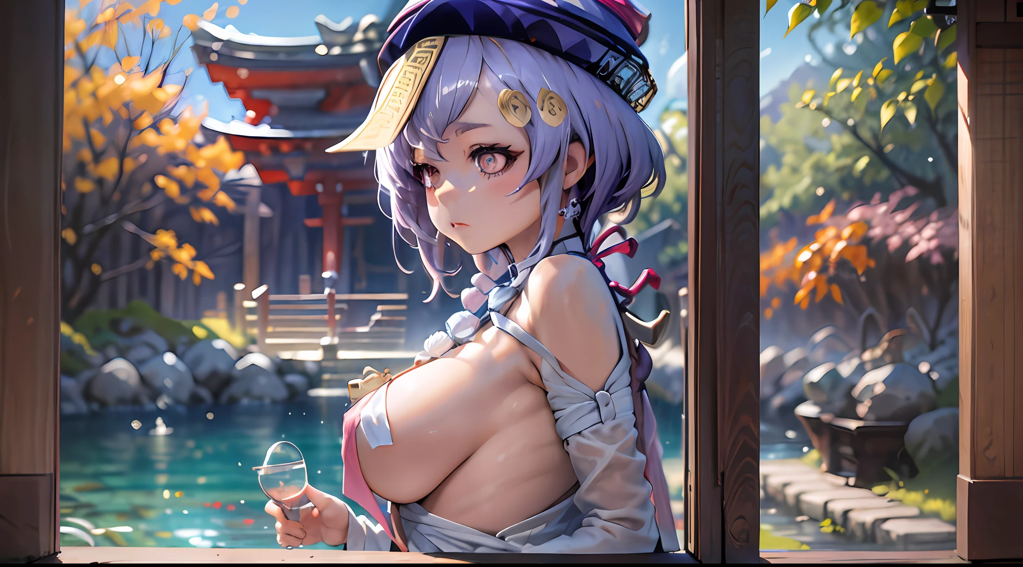 Qiqi Genshin Impact, Whole body, (NSTDA.:1.2), (10, beste-Qualit, master-piece: 1.4), ultra-high resolution, (lifelike, photorealistic portrait: 1.48), 25 age, Cute Girl, Nude, Famous Japanese actors, gigantic breasts, Blue Eyes, Head tilt, cowboy shot, from the side, looking at the audience, expressionless, Beautiful lake, Zeiss 150mm F/ 2.8 Hasselblad, In Japanese shrines, Whole body, foot, Ultra-Wide Angle
