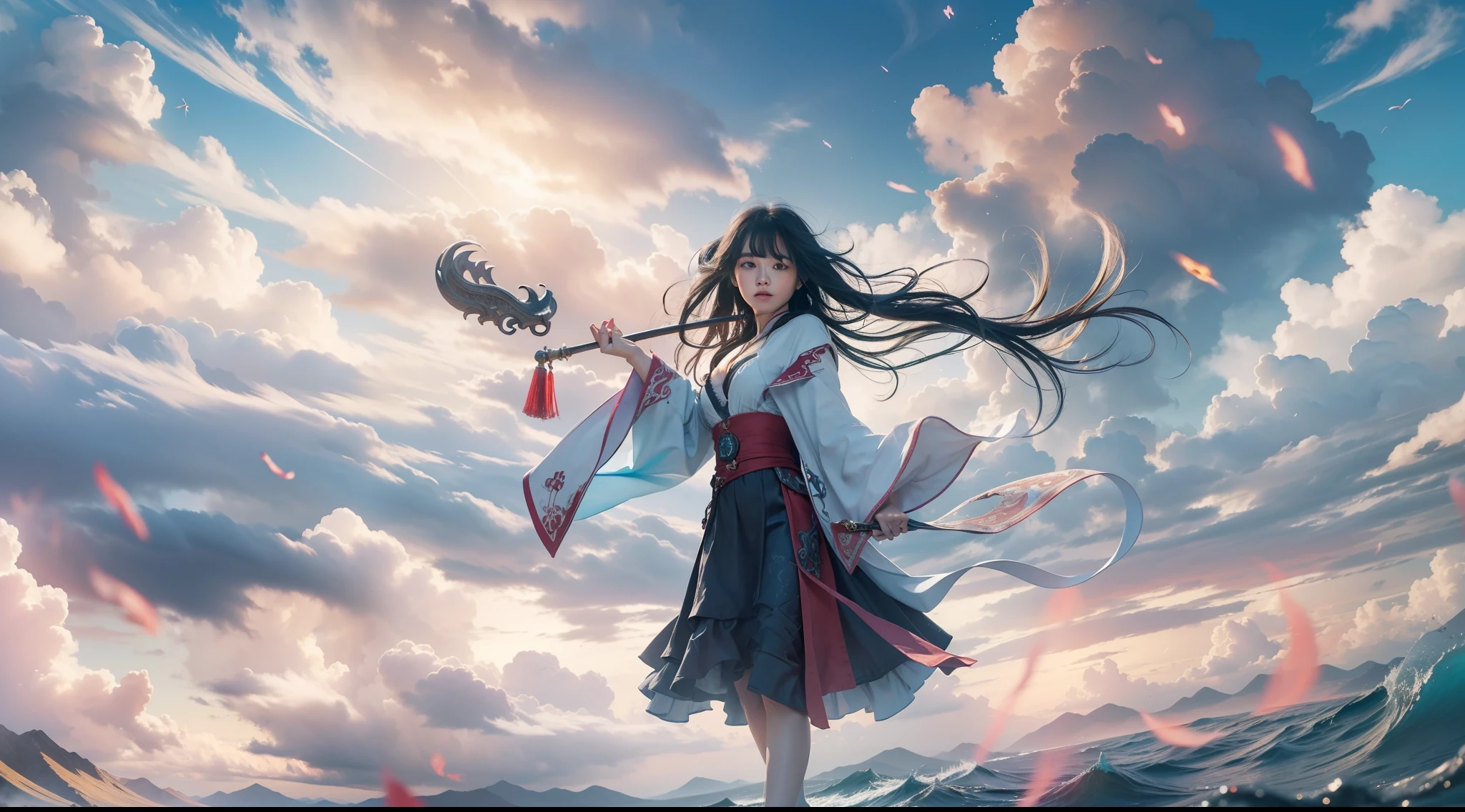 Above the rising clouds,Daytime, Dark, (Fantasy),infinite,deep blue sky,The abyss of knowledge,Cowledge,((masutepiece)), (((Best Quality))),((Beautiful fine eyes)),(Eye lashes)、Realistic clouds、Very beautiful face、The ultra -The high-definition、sea of clouds、beautiful a girl、(1人)、Black hair、The long-haired、abyss eyes、glowy skin、oils、small tits、Perfect human body structure、Wizard's Red Robe、tattered cloth、Realistic coat、Tee、Super delicate CG Unity 32k wallpaper、photoRealstic、masterpiece, ((ultra-detailliert)), ((illustratio)),colourfull,wall-paper,The energy,Unknown terror,Incomprehensible,Around the magic,Magical surroundings,magic wands,Boken,Flying pages,Know everything,Predict the future、Get to know the past、Infinite wisdom、blue flames、Warlock、magic circles、Pentagram、Spells、mantra、Singing magic
