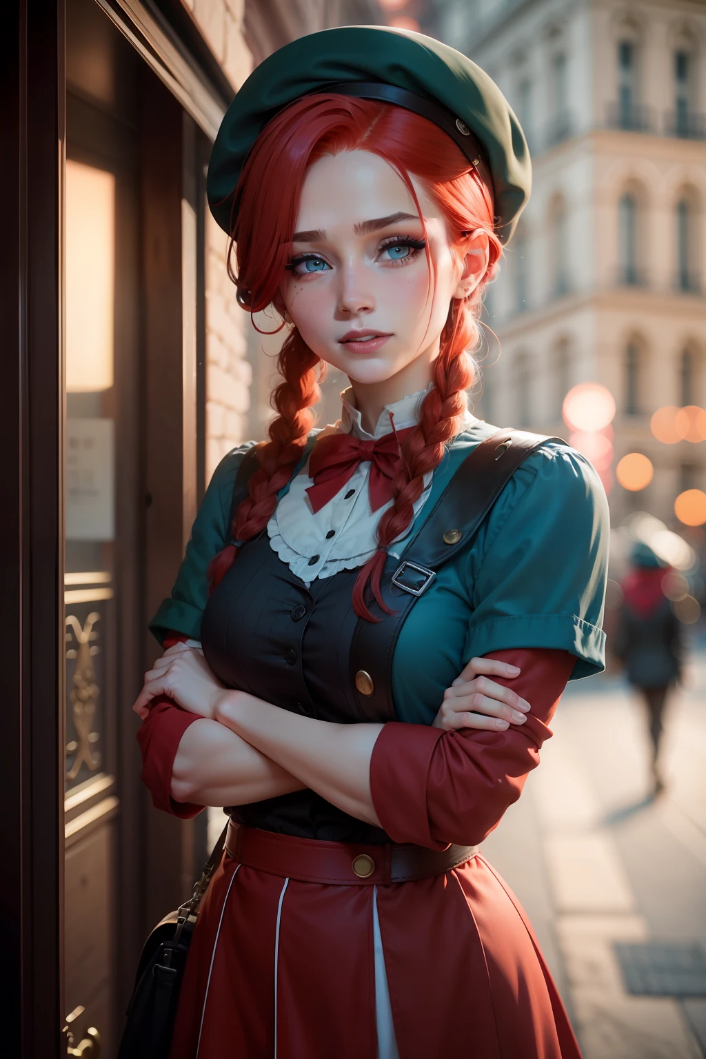 french braid, red hair, beret, bandage on, mole under eye, aqua eyes, makeup, laughing, tsundere, facepalm, cinematic lighting, f/1.2, 8k, best quality, 8k