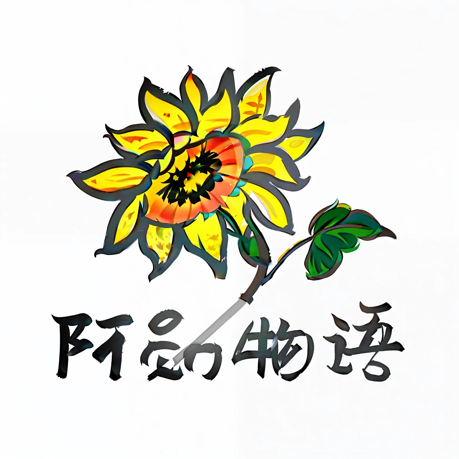 A sunflower,Below there are four Chinese characters of Ah Hoon Monogatari,Flattening,Similar to stick figures