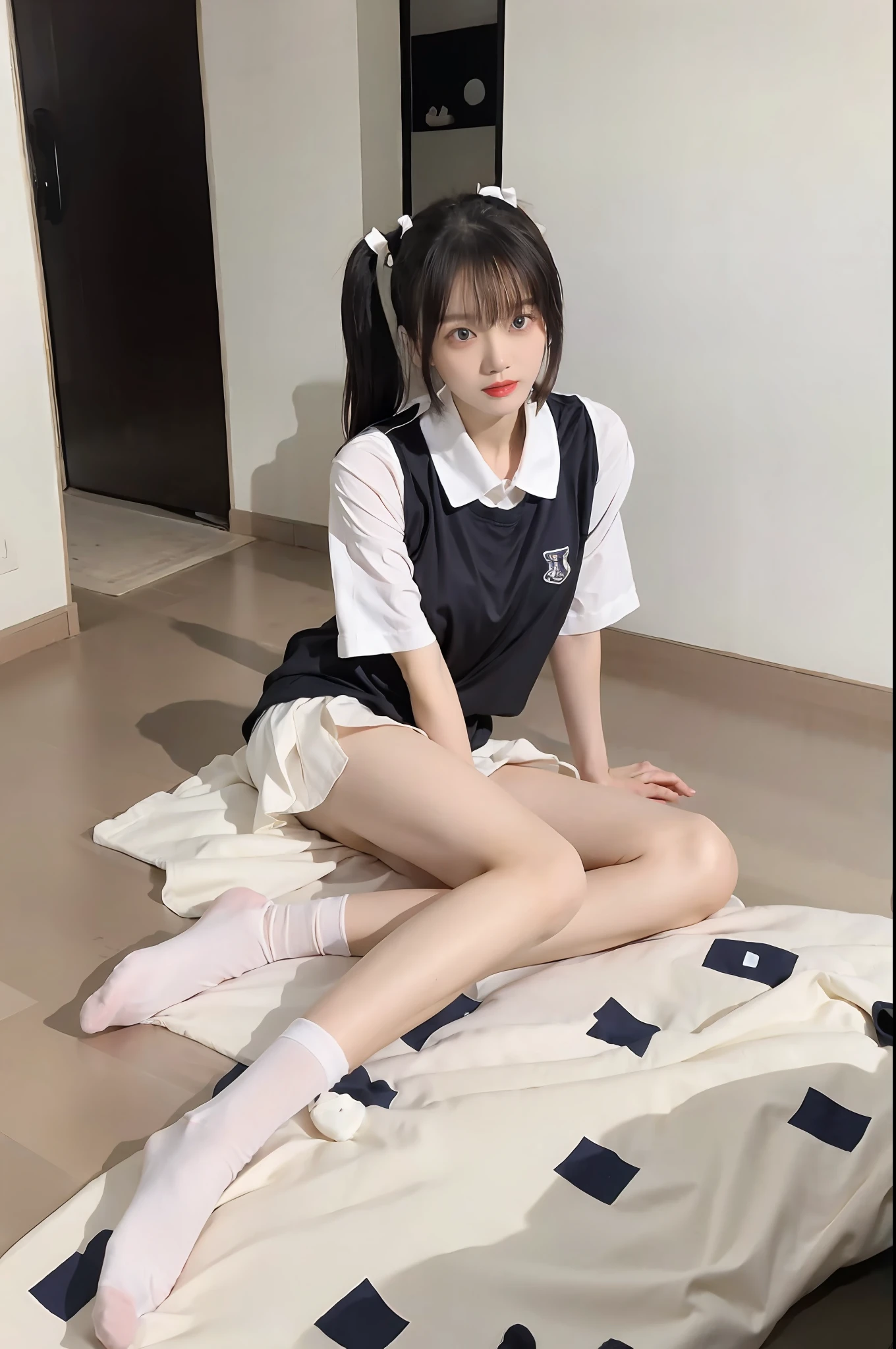 looks into camera,Pupil correction,Best quality at best,tmasterpiece,超高分辨率,(realisticlying:1.4),teens girl,Juvenile,Wear socks,High ponytail