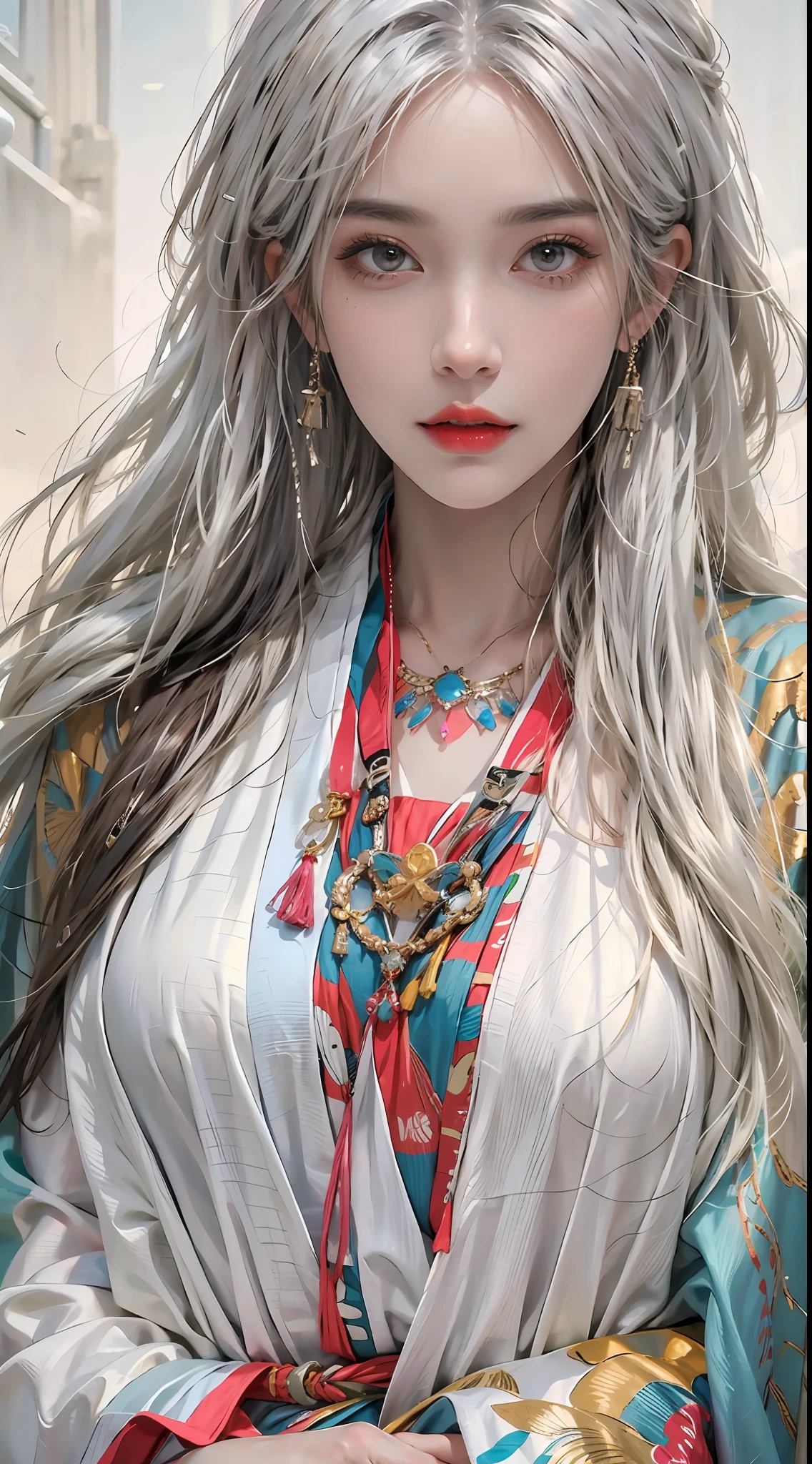 Photorealistic, high resolution, 1womanl, Solo, Hips up, view the viewer, (Detailed face), White hair, Long hair, Colorful robes,Oversized clothes, midjourney portrait, jewelry