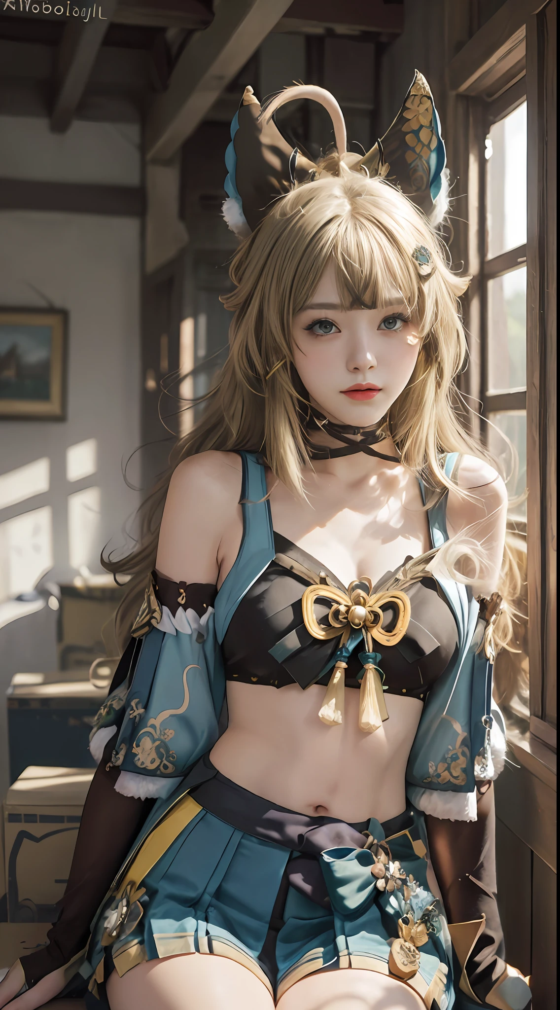 Masterpiece, best quality, real lighting, super high resolution, (realism, photo realism: 1.48), 1 girl, beautiful, blonde ,solo, ahoge, hair accessory, bare shoulders, crop top, navel, split sleeves, elbow gloves, gloves, tail, and skirt, nya