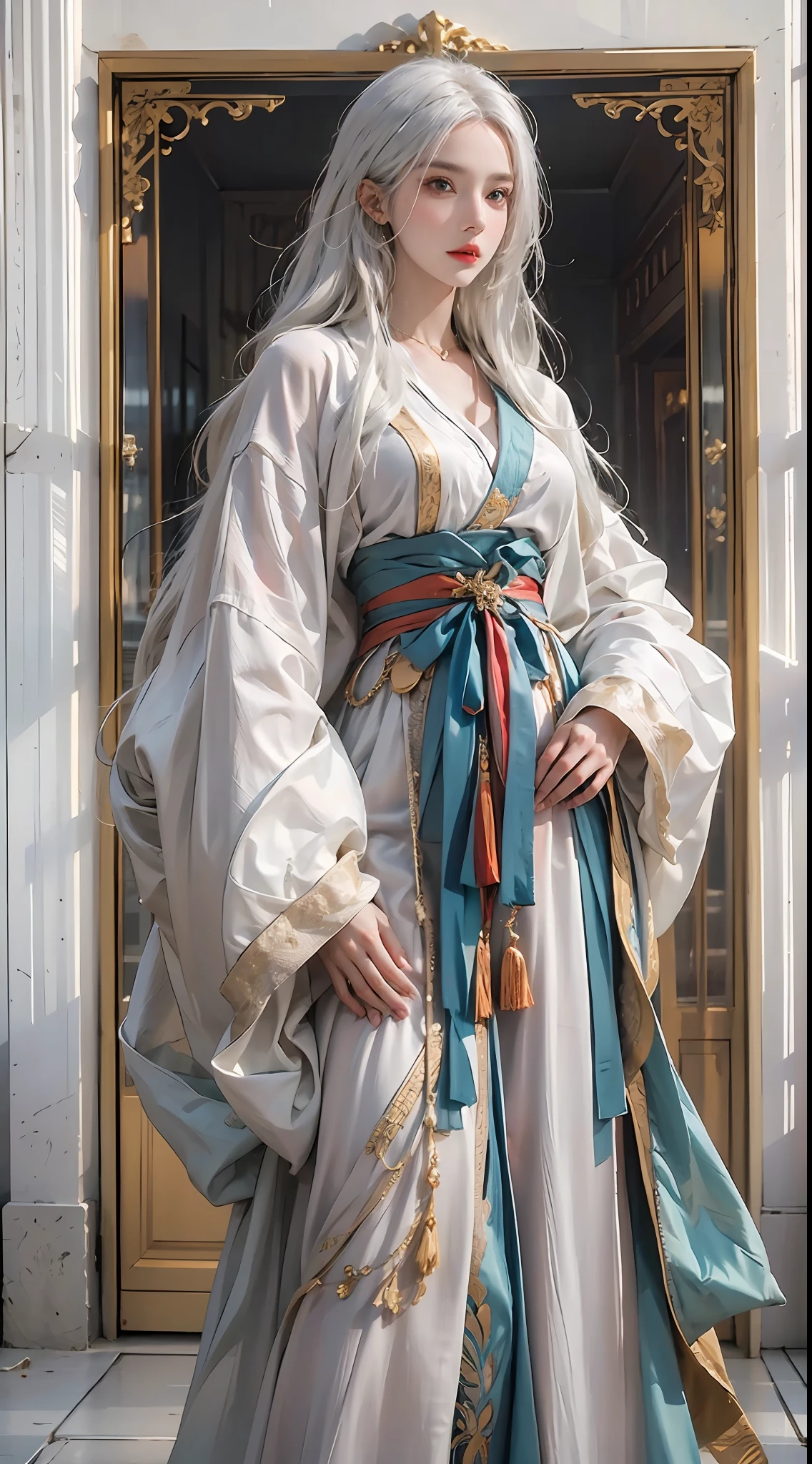 Photorealistic, high resolution, 1womanl, Solo, Hips up, view the viewer, (Detailed face), White hair, Long hair, Colorful robes,Oversized clothes, midjourney portrait, jewelry