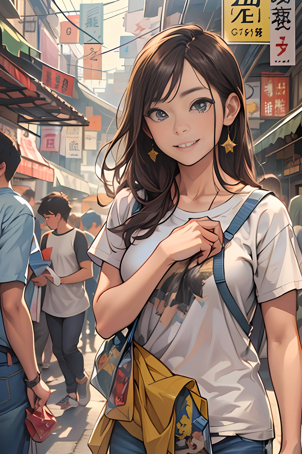 A young woman named Yang Feiyue standing on a busy street, Contemporary Rough T-Shirt and Jeans、Holding a flyer in your hand, Surrounded by stalls, There was anticipation and a slight smile on her face., ,In the style of the star art group Xing, 32K, Best Quality, masutepiece, Super Detail, high details