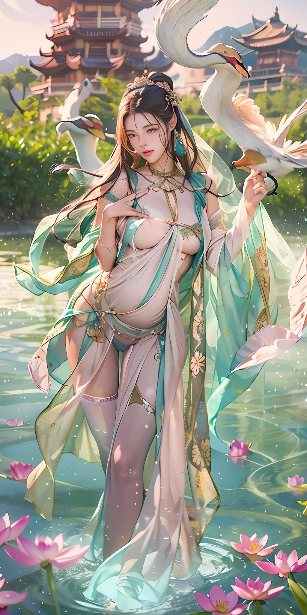 flower garden、Large lotus flower、outside of house、(With swan shape hair ornament)、(The swan is on the side)Swan pattern、swan chair(Silversmith)、pregnant woman、Rinzuki、、large full breasts、Mega big breasts、Curvaceous and super thick、6-pack abs、Strapped to a torture chair、Torture machine、chains、、Being held hostage、torture、Obsessive face、coward、Kidnapped、See-through silk exposing breasts、camel's toe、Diamond Jewelry、sexy breast indentation, agitation, SFW, one girls, 独奏, perfect bodies, face perfect, perfect hand, perfect fingers, Perfect lips, perfect eyes, Perfect background, perfect vibe, Professional quality, 8K, Perfect Photo, Top resolution, 8K, Ray traching, Perfect volumetric lighting, hight quality octane render, high quality vectors, ultra-detailliert, SAW movie scenes, lotus pond、Clear Skin, Minimalist background, flawless skin, flawless skin, Beauty without aberration、A sexy、lare breasts、cleavage of the breast、Bare legged、see -through、is standing、Hanff、wet、Clair、realisitic、highest details、Chinese mythology、Swan wings、Sacred、holy、Golden Mountain々、Countless palaces in the distance、clouds、Golden light、Golden lotus、(Heaven and earth wind bath)、top-quality、masterpiece、Extremely detailed details、hight resolution、8k、intricate-detail、realisitic、Photorealsitic、Dramatic lighting、Pretty smile、30 years old
1 girl、dunhuang_clothes、dunhuang_dress、largest big belly、Belly on the verge of bursting、Maximum drooping breasts、pregnant woman、Rinzuki、giving birth、Birthing table、(Restrained and forcibly opening legs)10 months pregnant、very large breast、Partially hidden in clothing、Pink veil、(see -through:1.3)、Through a thin veil、You can catch a glimpse of the chest、Creates engaging and thought-provoking effects、Get a glimpse of the contours of her skin and chest、
cowboy shot、dance、Sitting on a lotus flower、