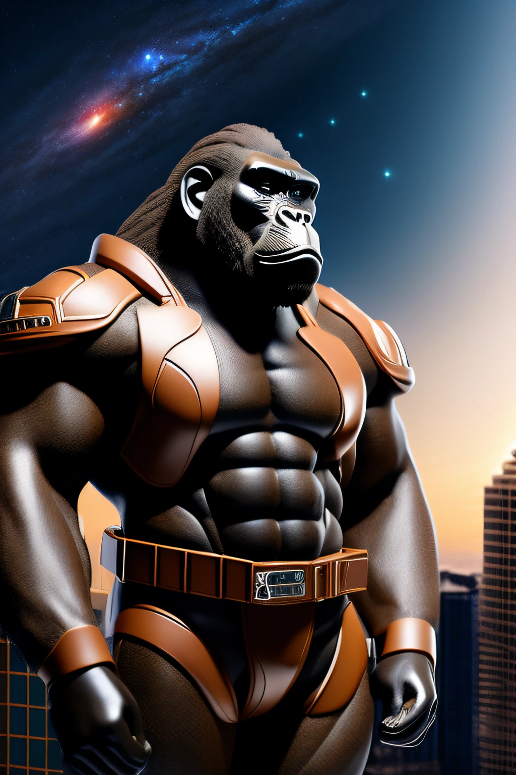 Very cool human-like gorilla in suit,Brown skin,On the roof of the building stands,Best quality at best,tmasterpiece,The is very detailed,(真实感:1.4),scientific fiction,(In space),Deep space,black hole,Broken planet,Starcloud,Perspective view,Faraway view,3D rendering style