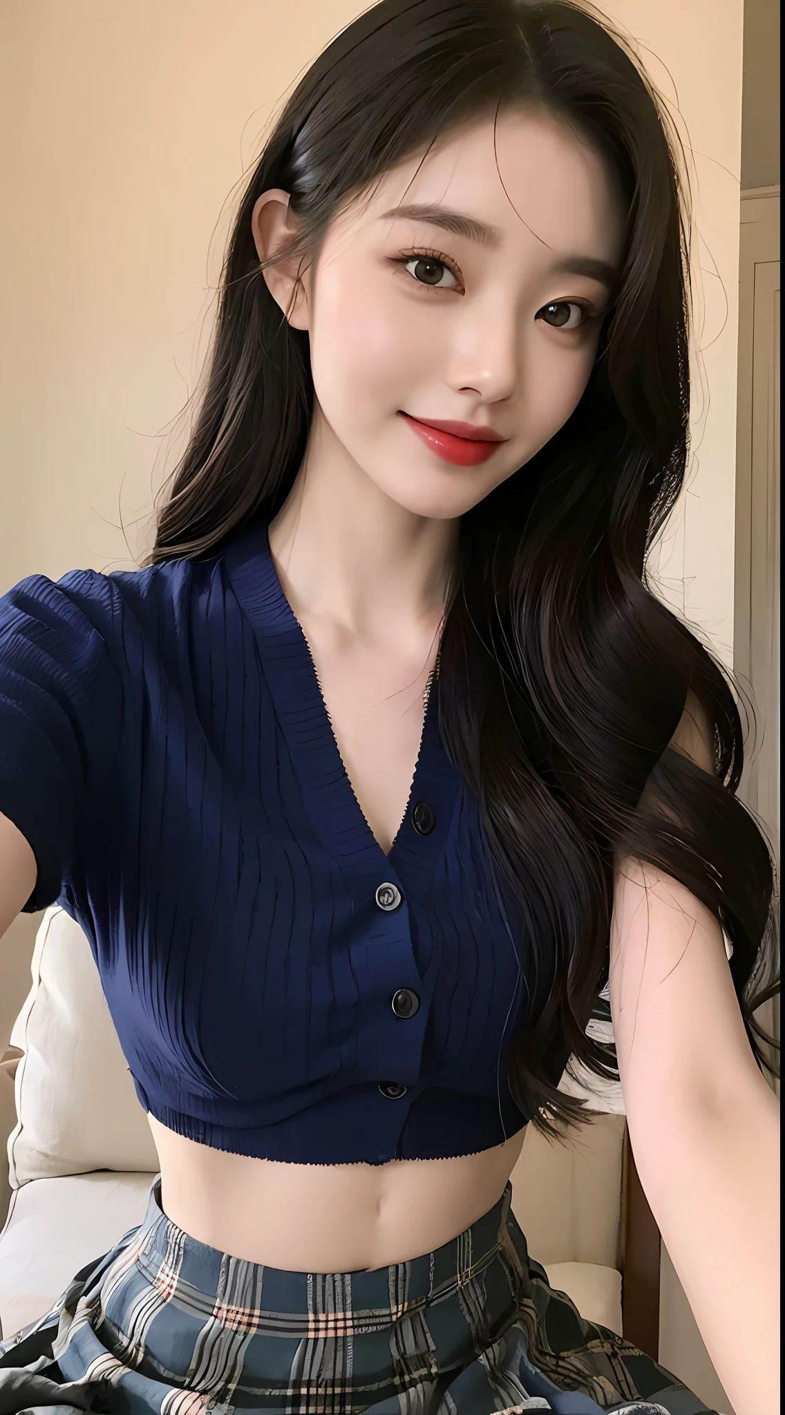 high detal，8K分辨率，超高分辨率，Best image quality，a beauty girl，lipsticks，Love pupils，Peerless beauty，Messy black straight hair，shoulder-length short hair，（Coiled hair）Smooth hair，Intense and beautiful makeup，Exquisite and perfect facial features，the most beautiful big eyes，Be red in the face，Sweet smile，（Wearing a blue lace shirt with buttons，tiese ，Plaid pleated skirt）Open navel，Thin waist，（Full breasts）Get close to the viewer，dynamic angle，Extreme picture quality，Highest accuracy